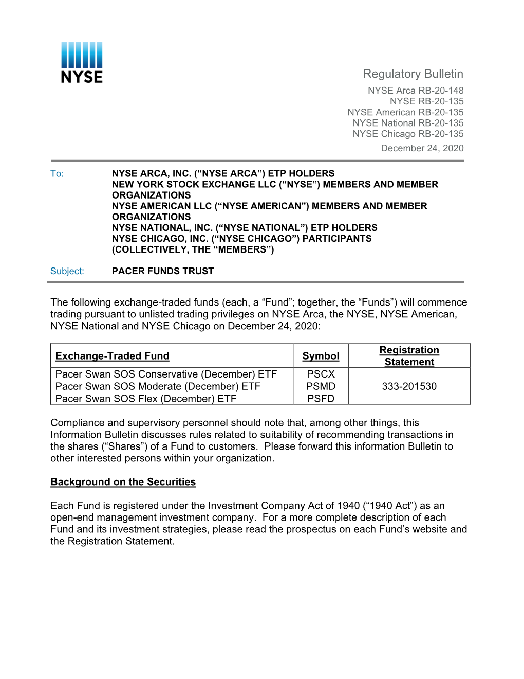 Regulatory Bulletin NYSE Arca RB-20-148 NYSE RB-20-135 NYSE American RB-20-135 NYSE National RB-20-135 NYSE Chicago RB-20-135 December 24, 2020