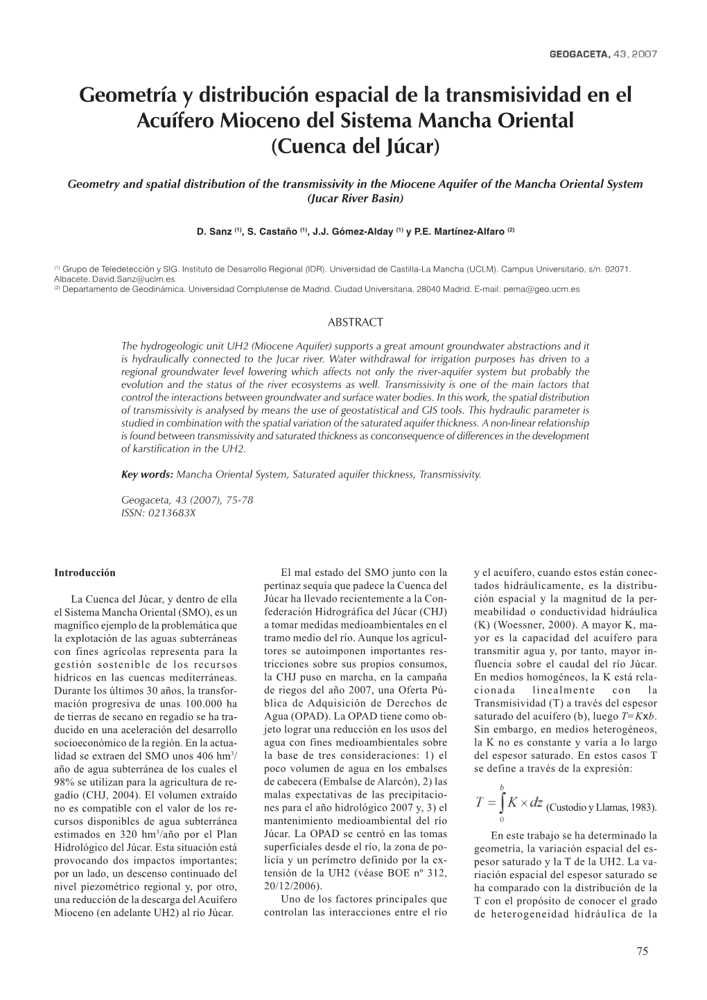 Geometría Y Distribución Espacial De La Transmisividad En El Acuífero Mioceno Del Sistema Mancha Oriental (Cuenca Del Júcar)