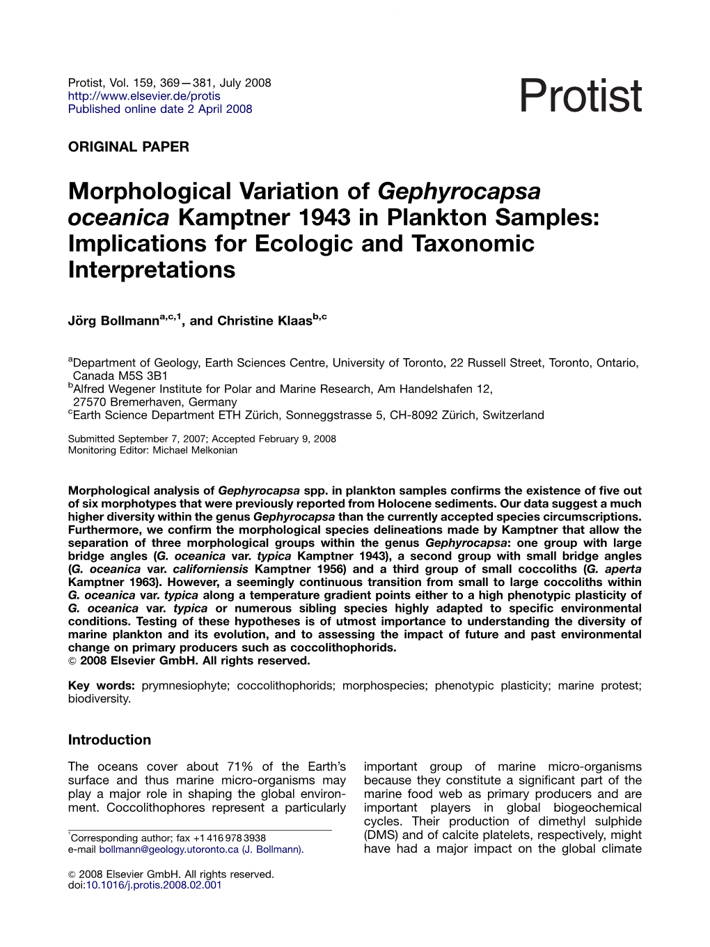 Morphological Variation of Gephyrocapsa Oceanica Kamptner 1943 in Plankton Samples: Implications for Ecologic and Taxonomic Interpretations