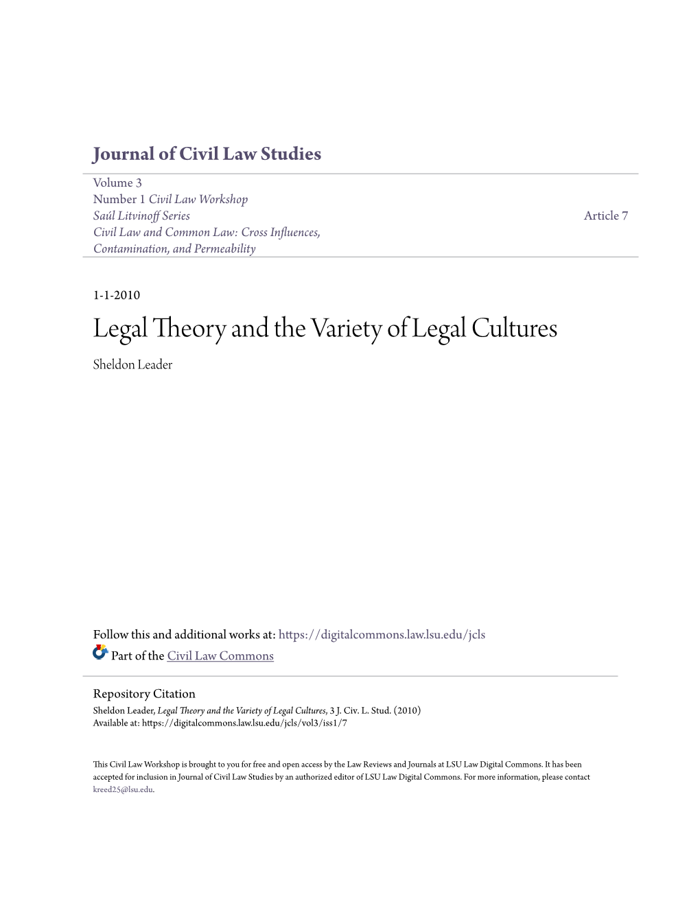Legal Theory and the Variety of Legal Cultures Sheldon Leader