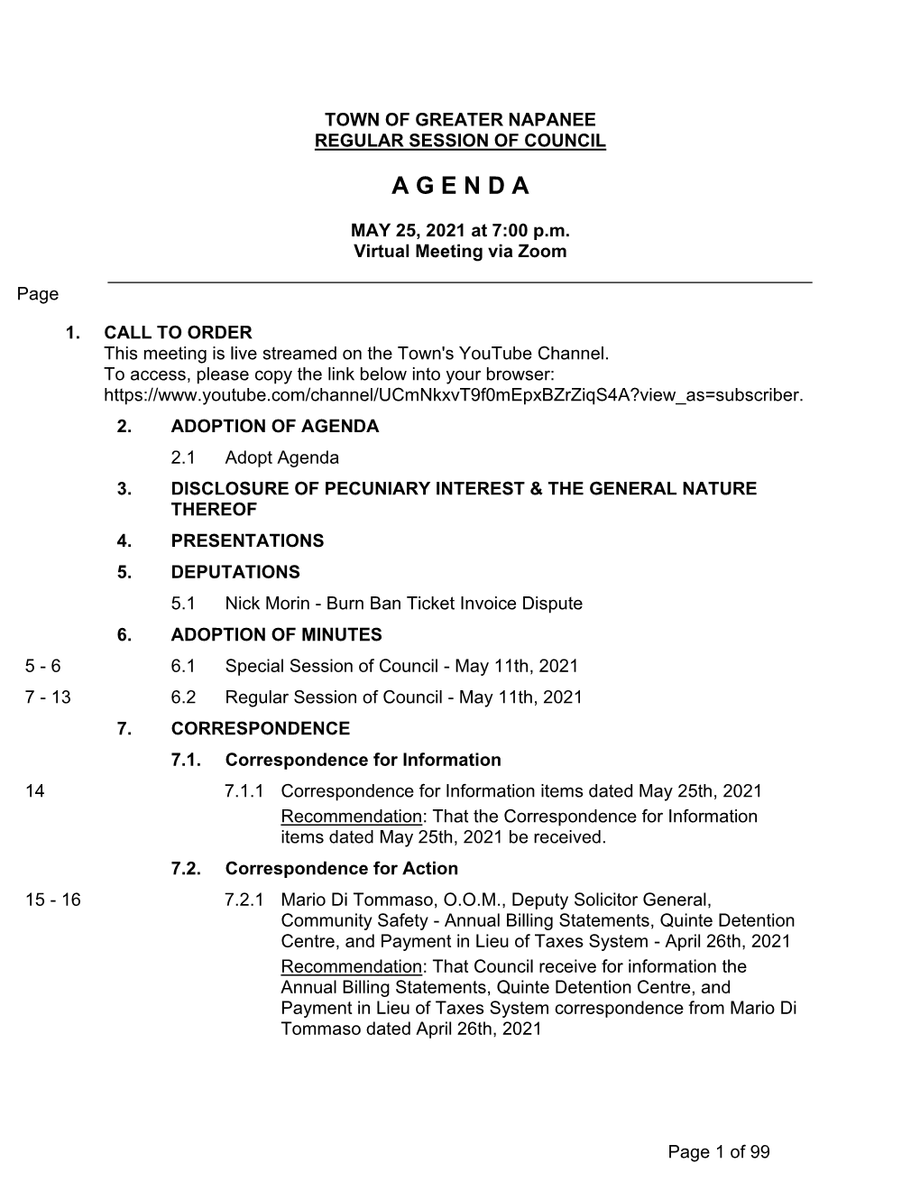 REGULAR SESSION COUNCIL - May 25, 2021 Agenda