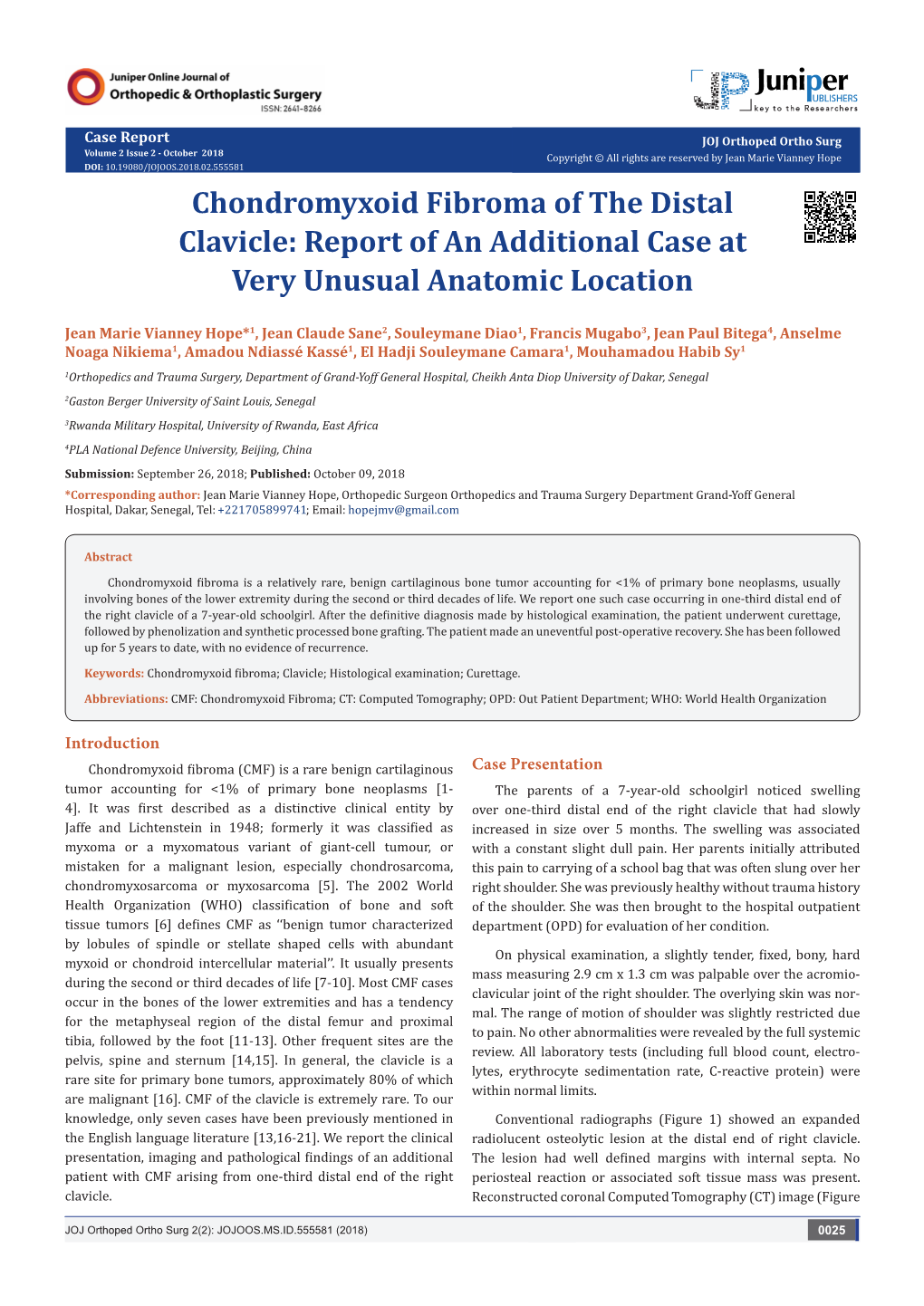 Chondromyxoid Fibroma of the Distal Clavicle: Report of an Additional Case at Very Unusual Anatomic Location