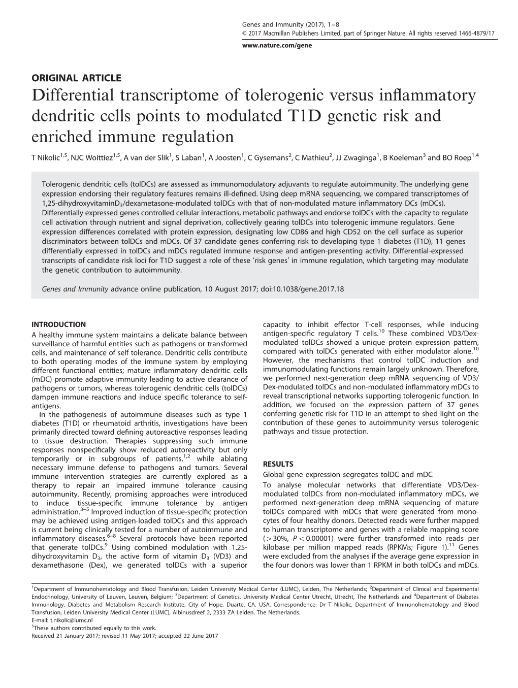 Differential Transcriptome of Tolerogenic Versus Inflammatory