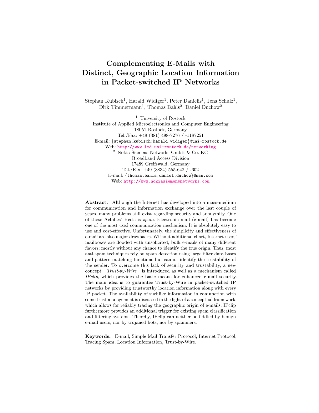 Complementing E-Mails with Distinct, Geographic Location Information in Packet-Switched IP Networks