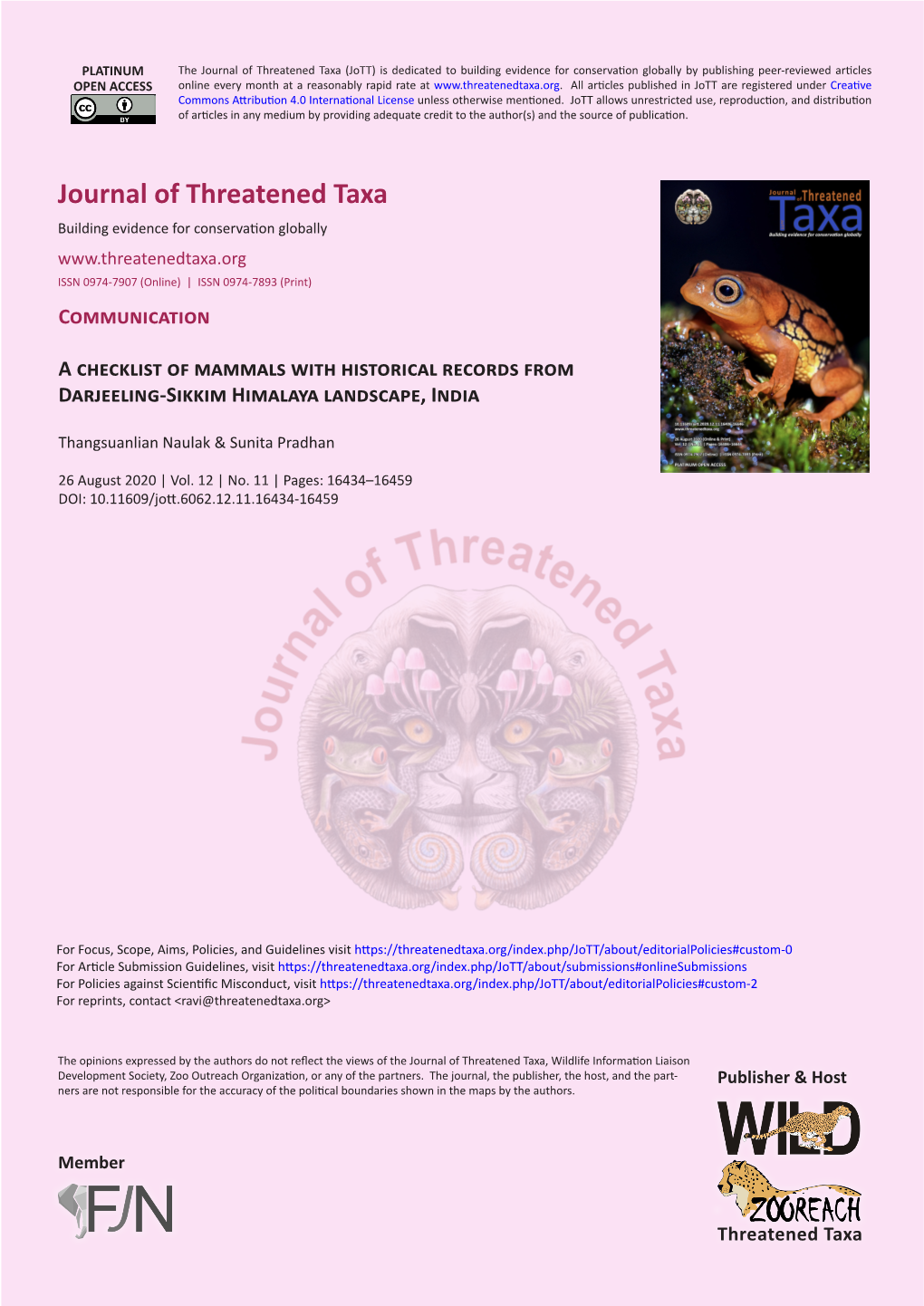 A Checklist of Mammals with Historical Records from Darjeeling-Sikkim Himalaya Landscape, India