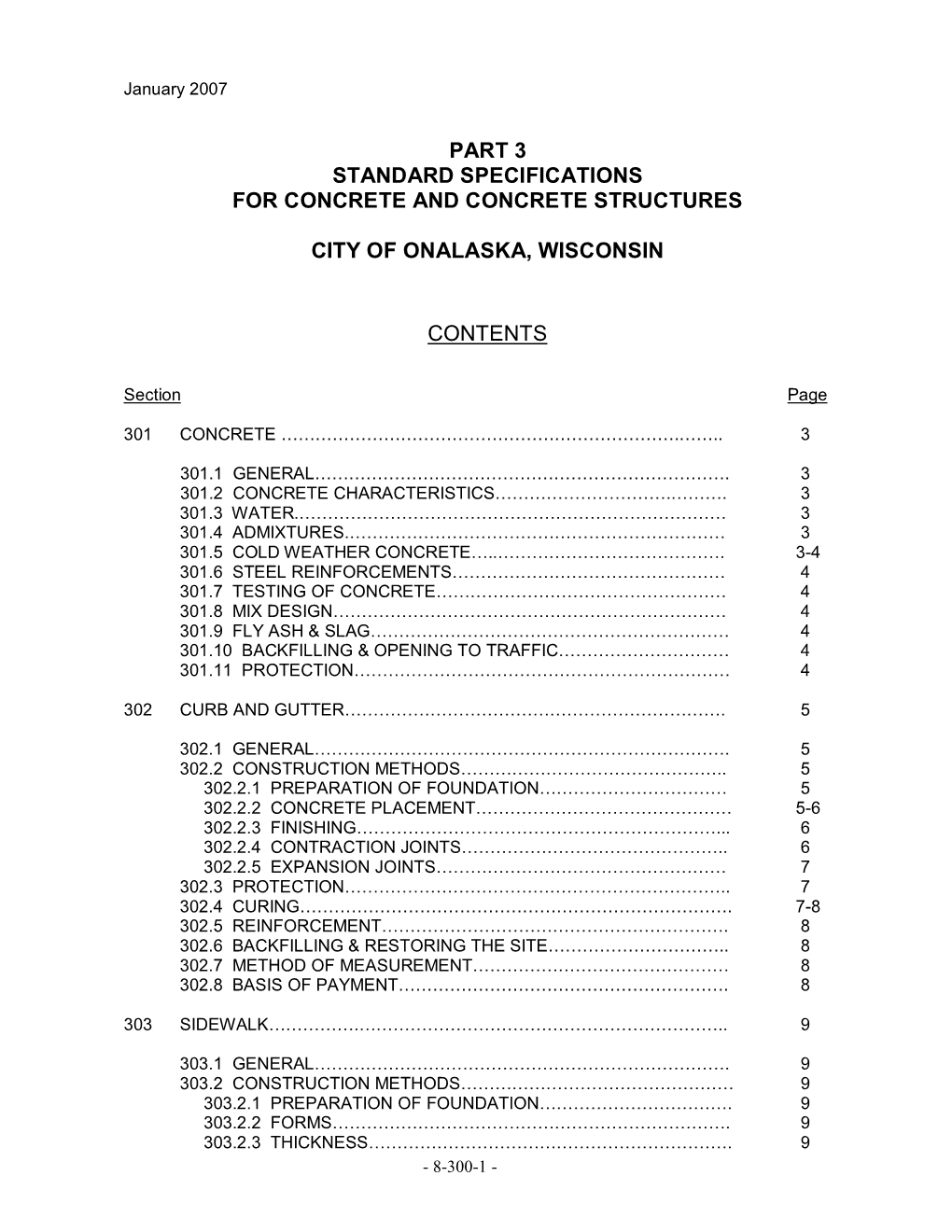 Part 3 Standard Specifications for Concrete and Concrete Structures City of Onalaska, Wisconsin Contents