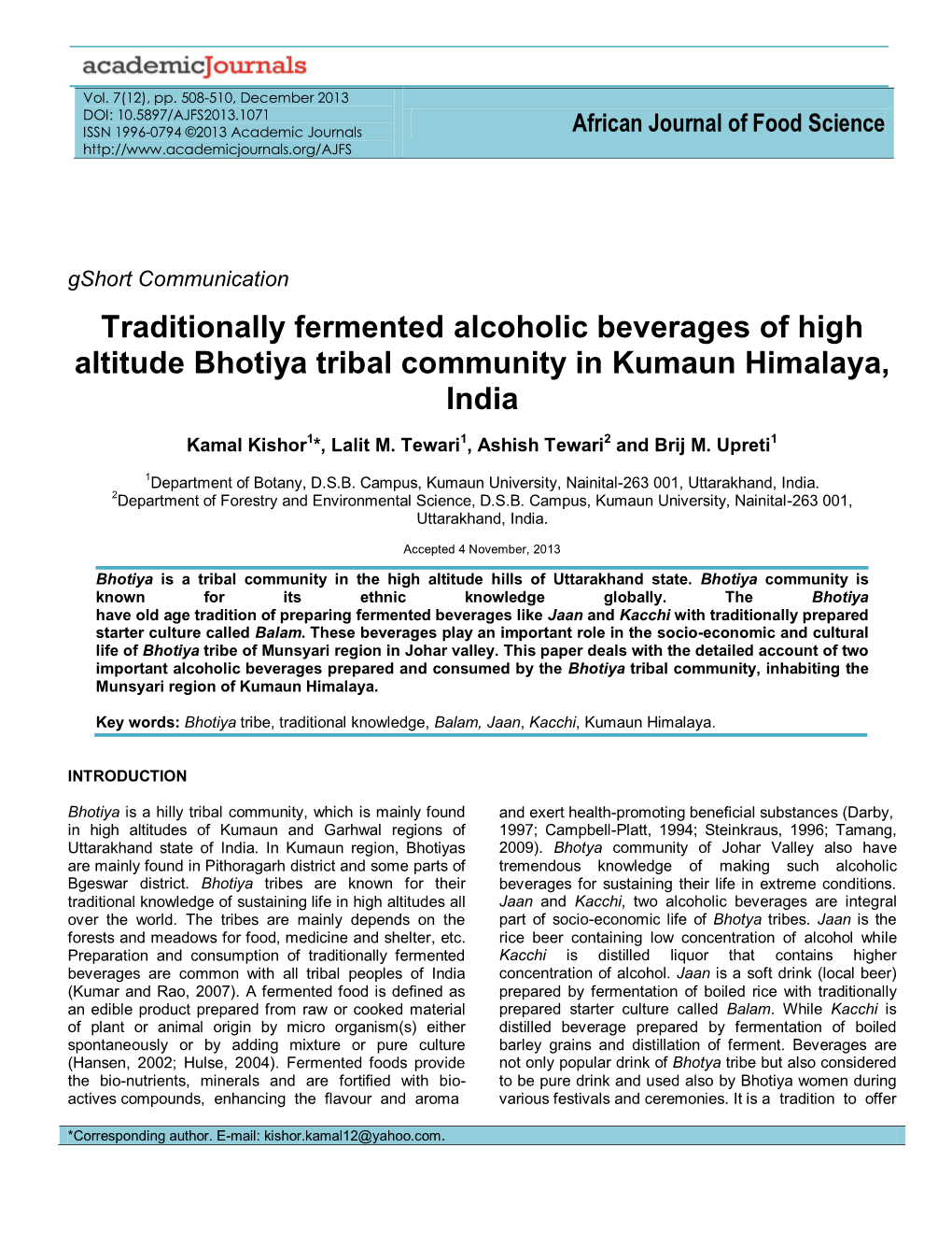 Traditionally Fermented Alcoholic Beverages of High Altitude Bhotiya Tribal Community in Kumaun Himalaya, India