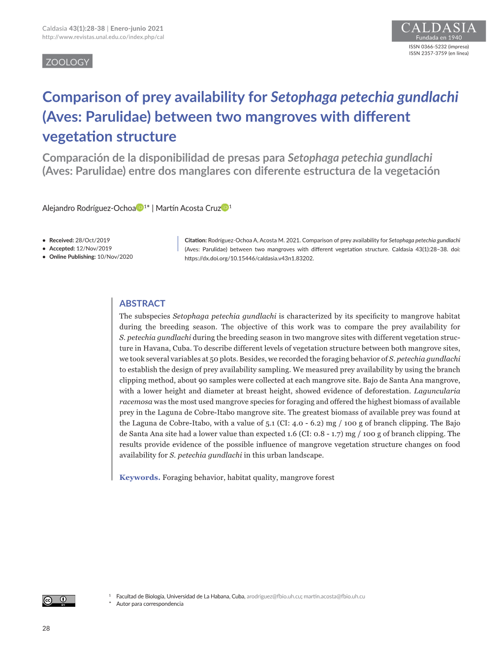 Comparison of Prey Availability for Setophaga Petechia Gundlachi