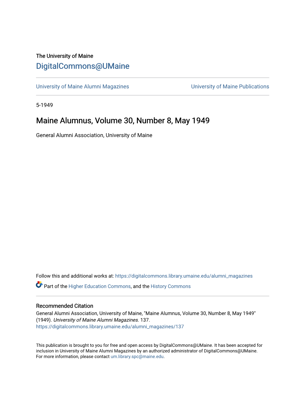 Maine Alumnus, Volume 30, Number 8, May 1949