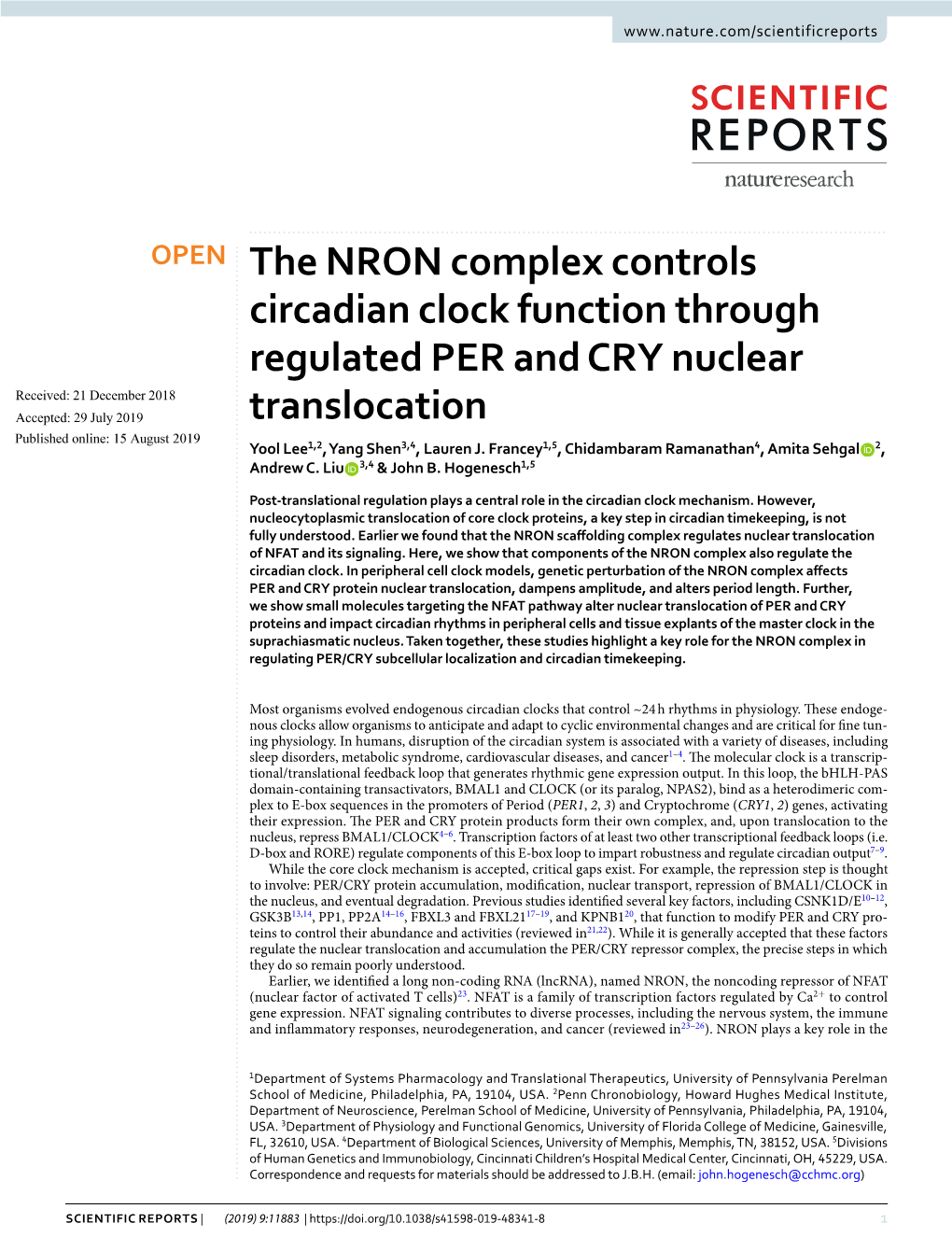 The NRON Complex Controls Circadian Clock Function Through Regulated