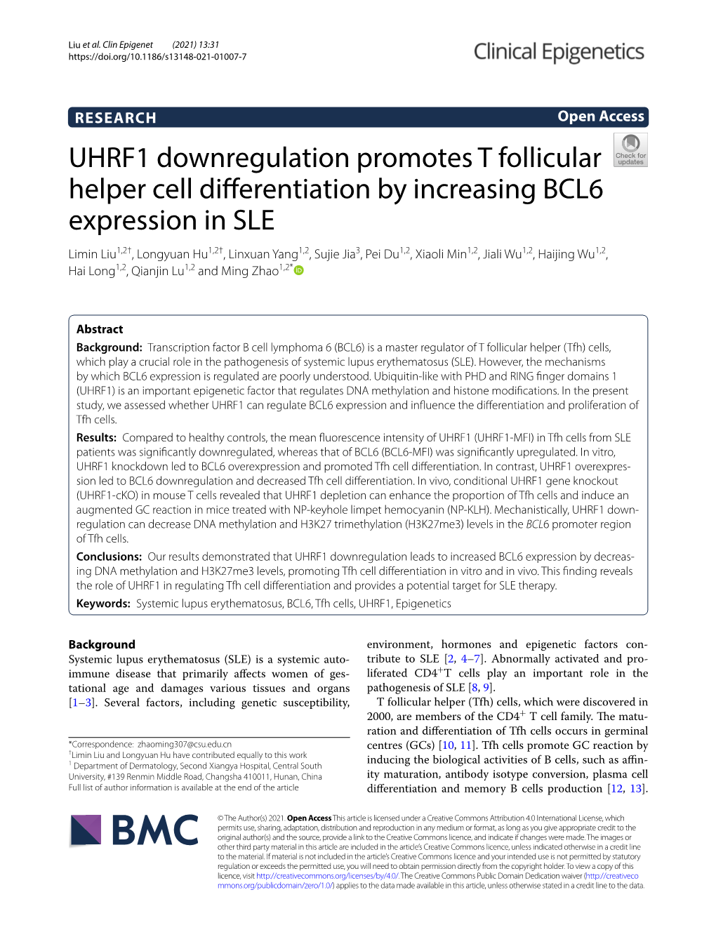 UHRF1 Downregulation Promotes T Follicular Helper Cell Differentiation