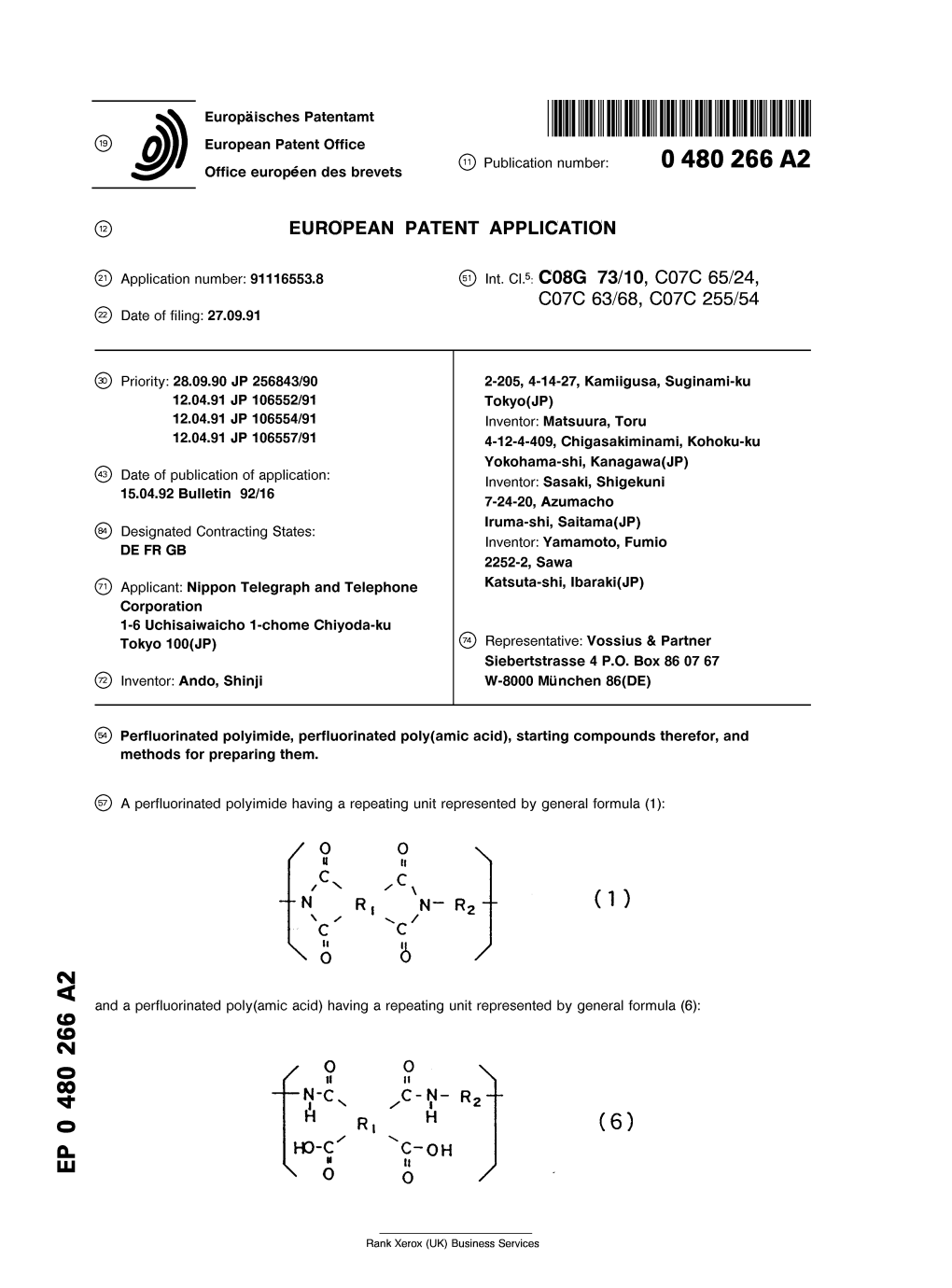 European Patent Office 0 Publication Number: 0 480 266 A2 Office Europeen Des Brevets