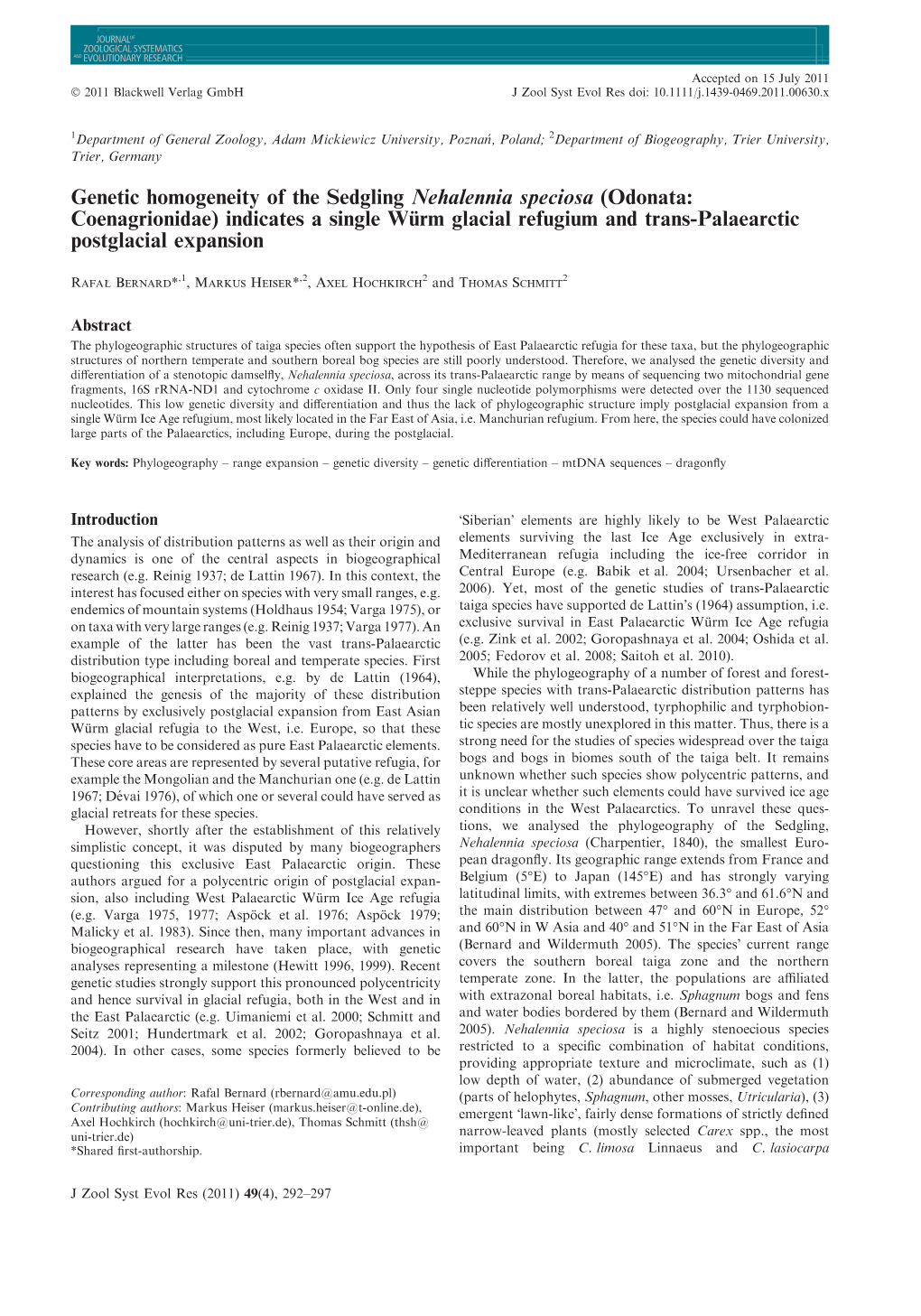 Genetic Homogeneity of the Sedgling Nehalennia Speciosa