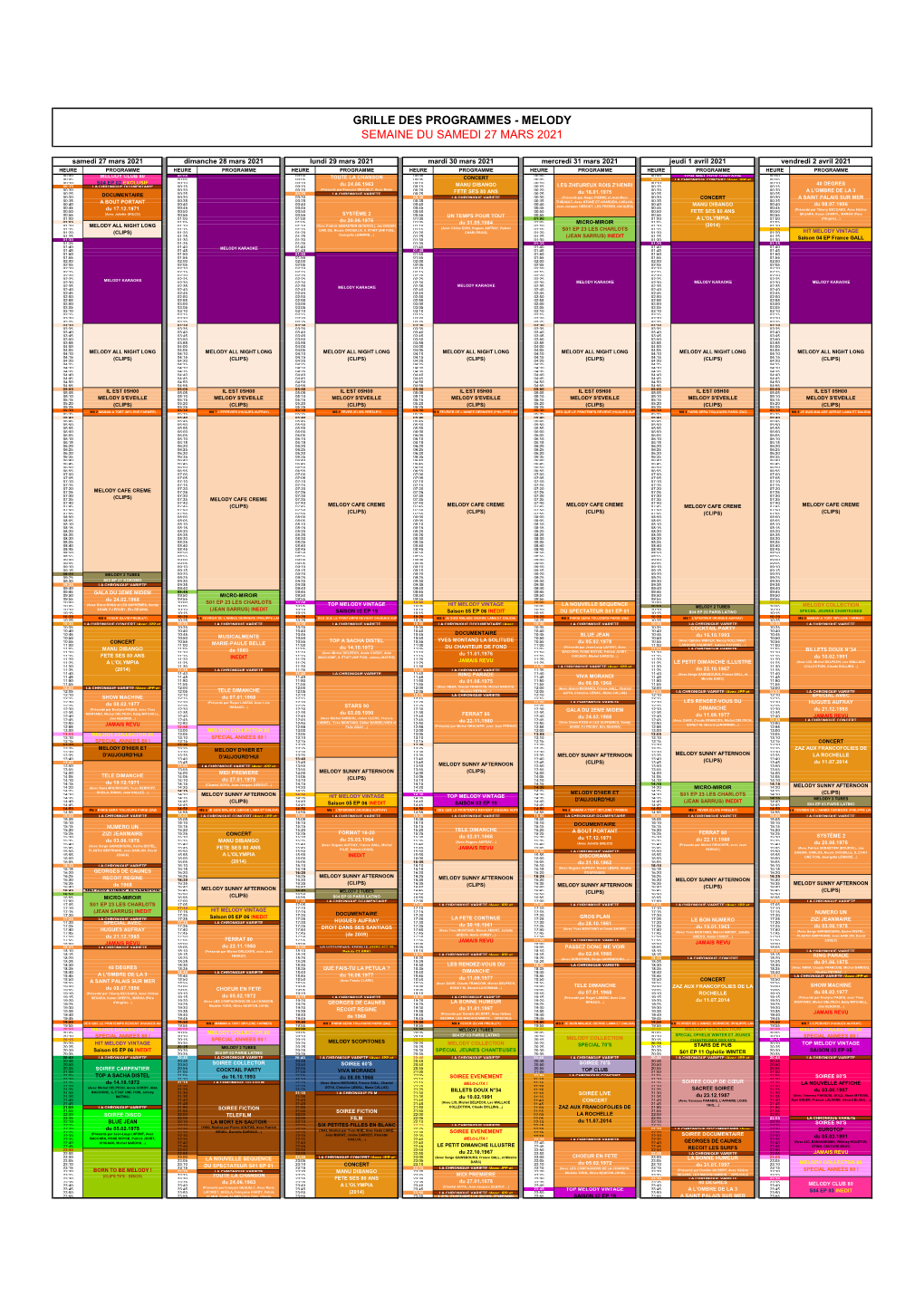 Grille Des Programmes - Melody Semaine Du Samedi 27 Mars 2021