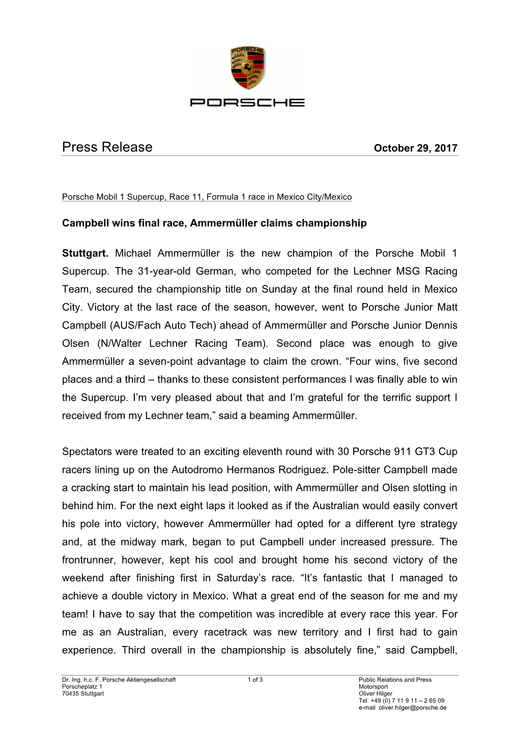 Press Release October 29, 2017