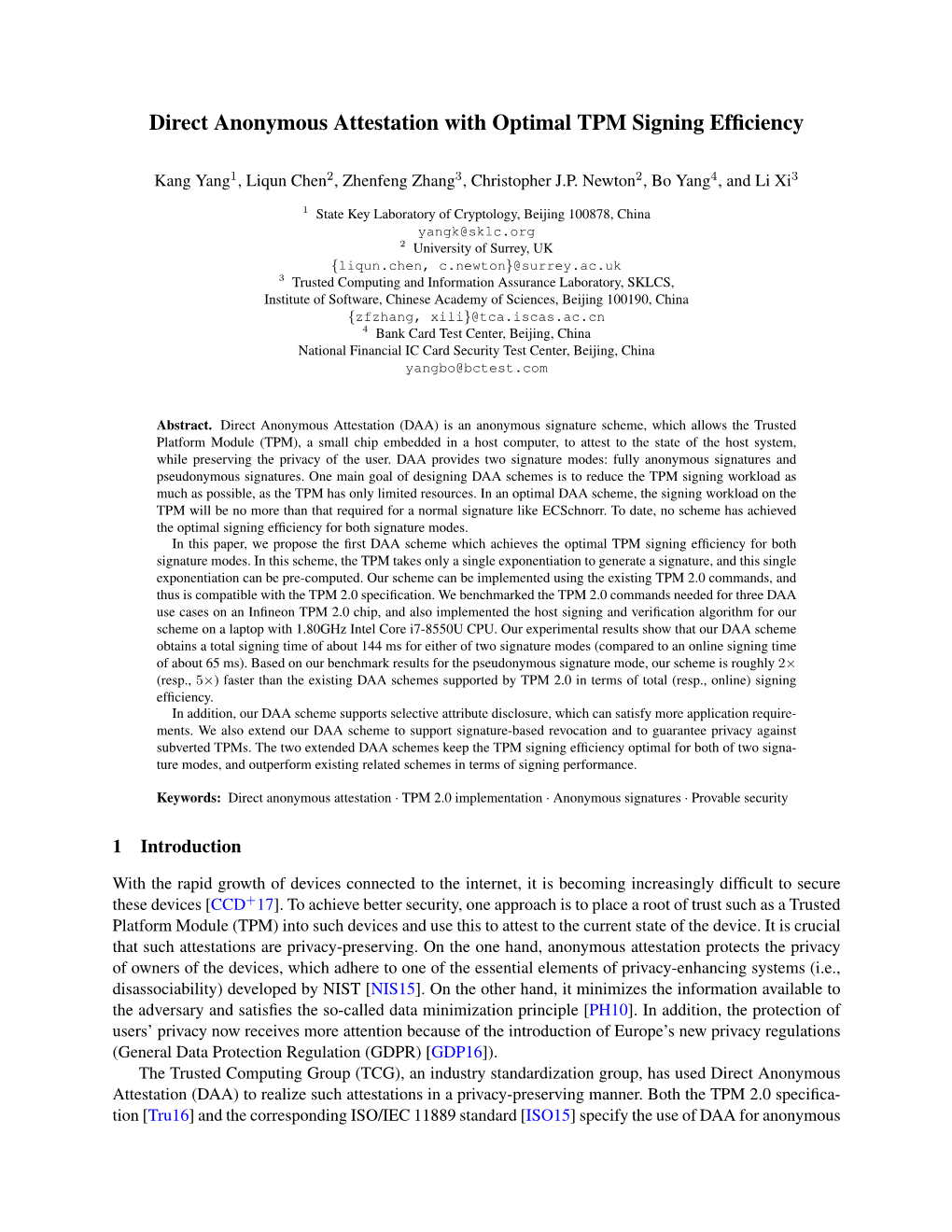 Direct Anonymous Attestation with Optimal TPM Signing Efficiency