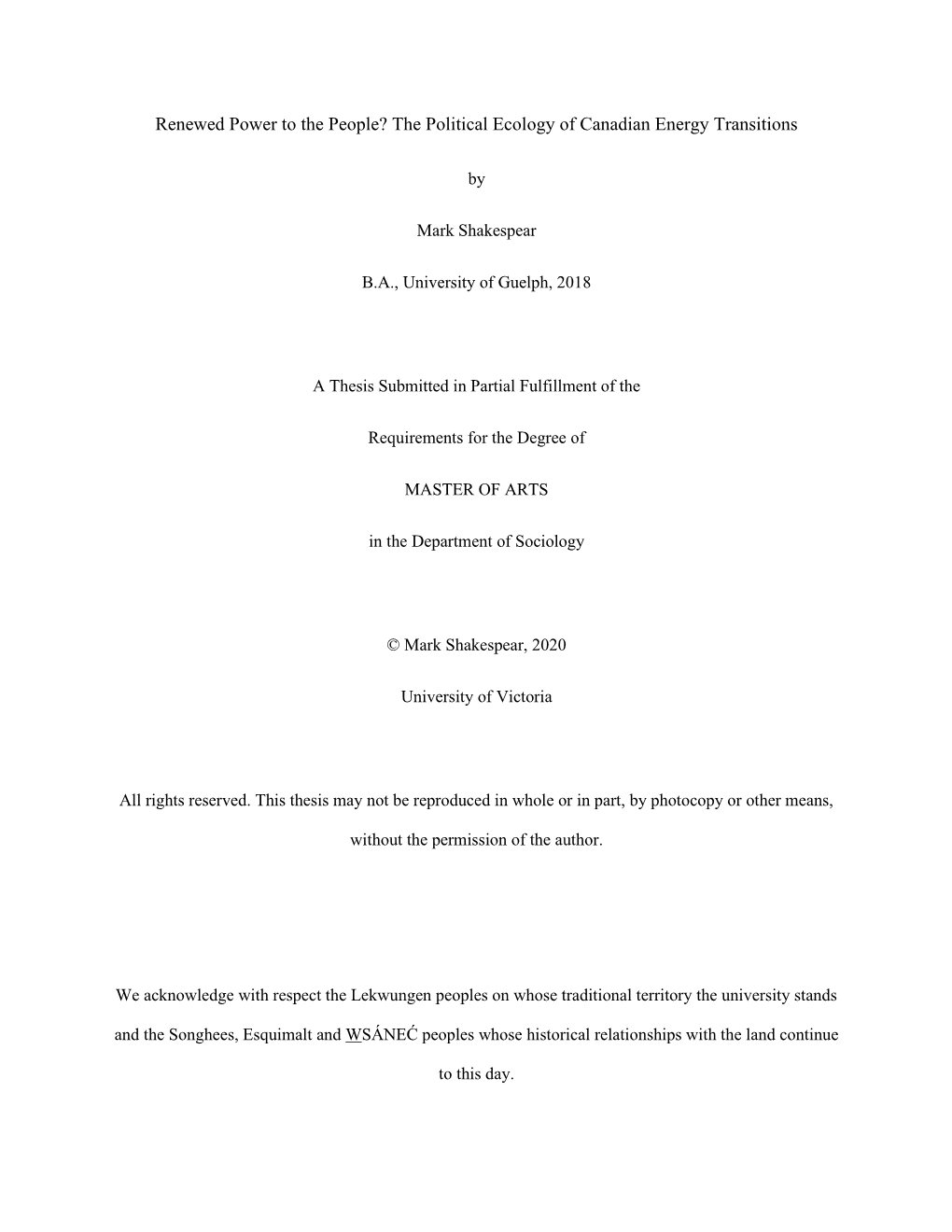 Renewed Power to the People? the Political Ecology of Canadian Energy Transitions