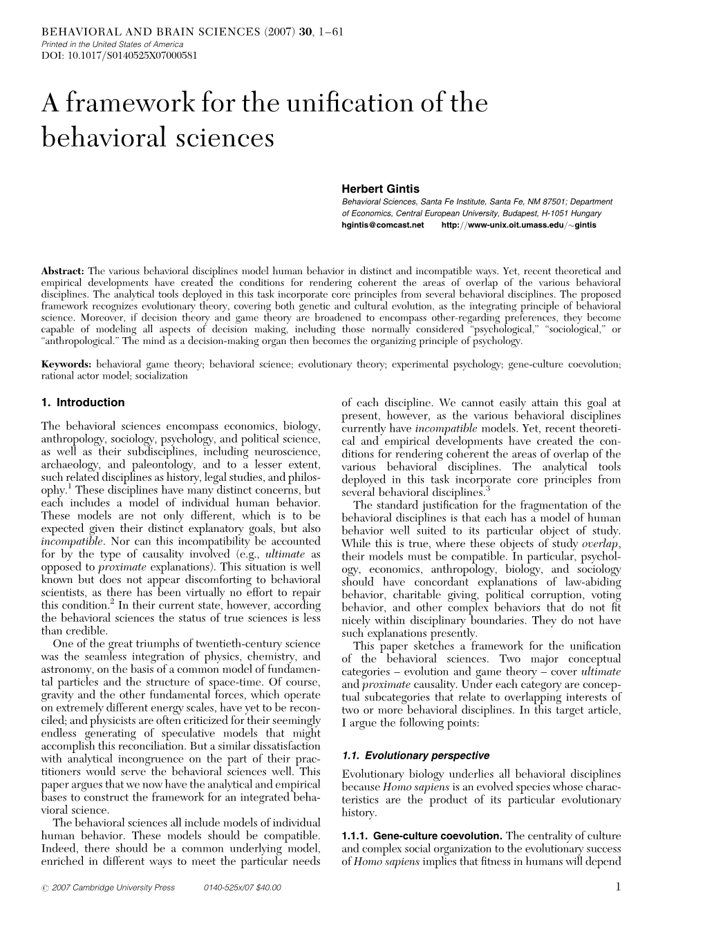 A Framework for the Unification of the Behavioral Sciences