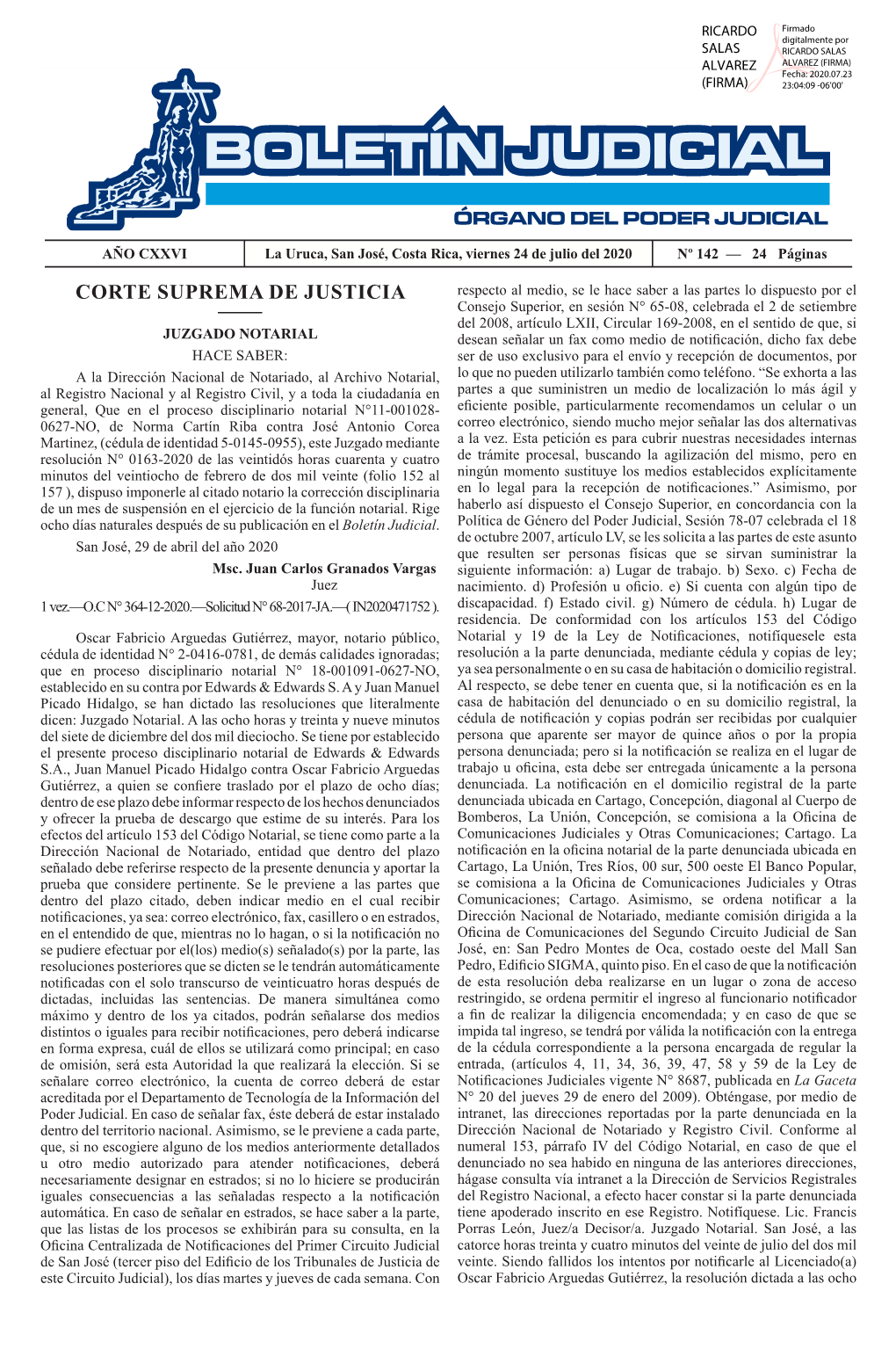 BOLETIN JUDICIAL N° 142 De La Fecha 24 07 2020