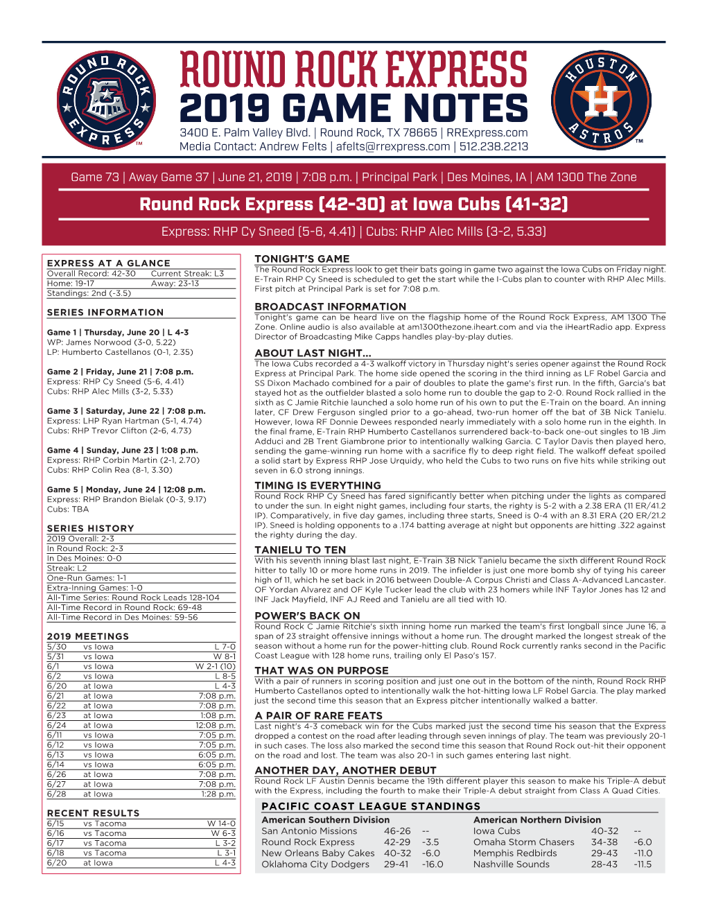 Round Rock Express 2019 GAME NOTES 3400 E