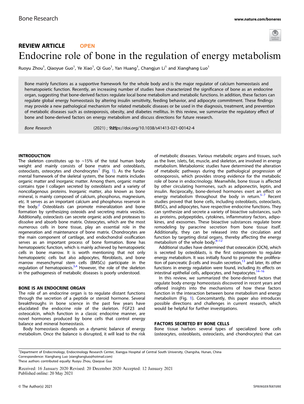 Endocrine Role of Bone in the Regulation of Energy Metabolism