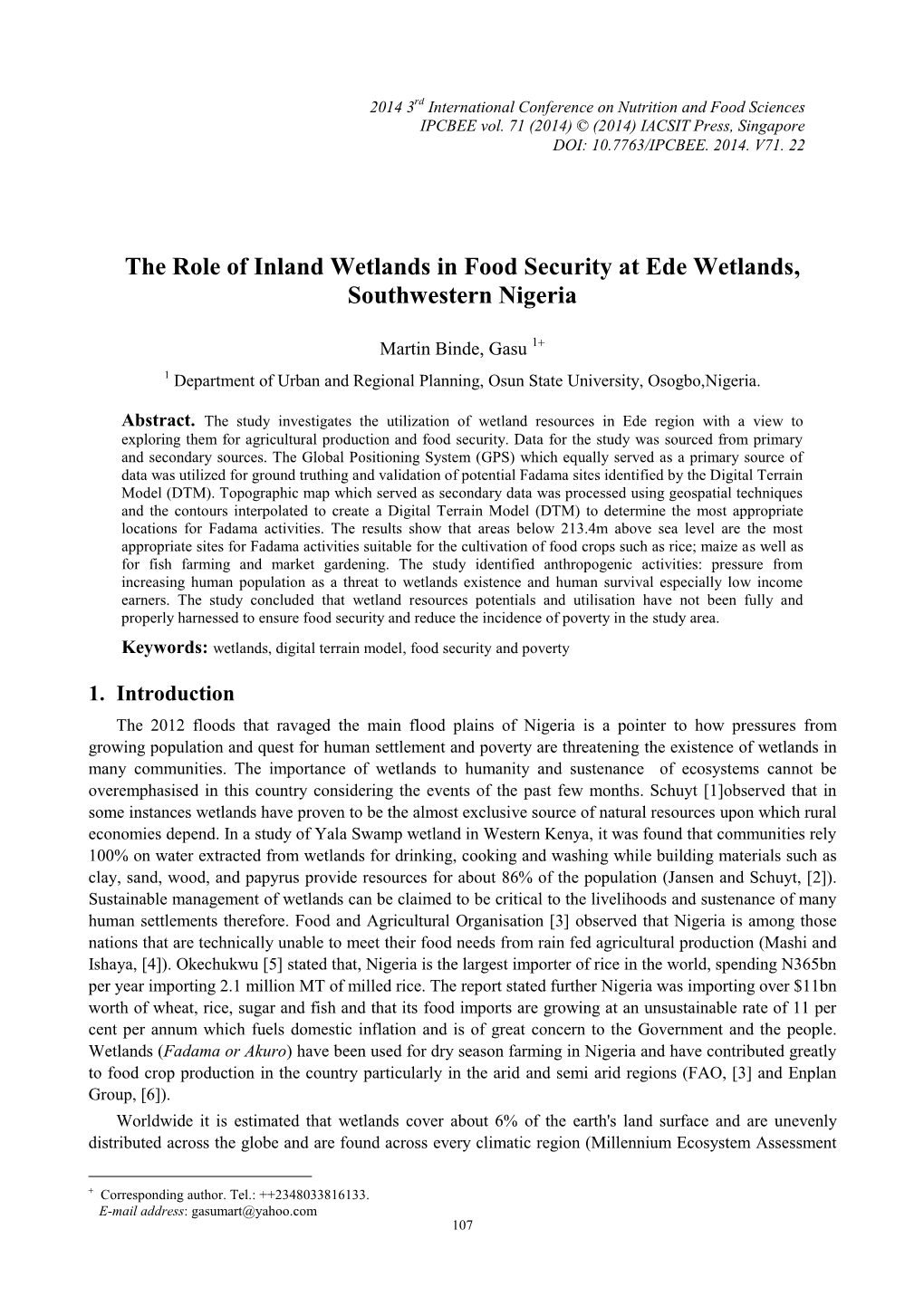 The Role of Inland Wetlands in Food Security at Ede Wetlands, Southwestern Nigeria