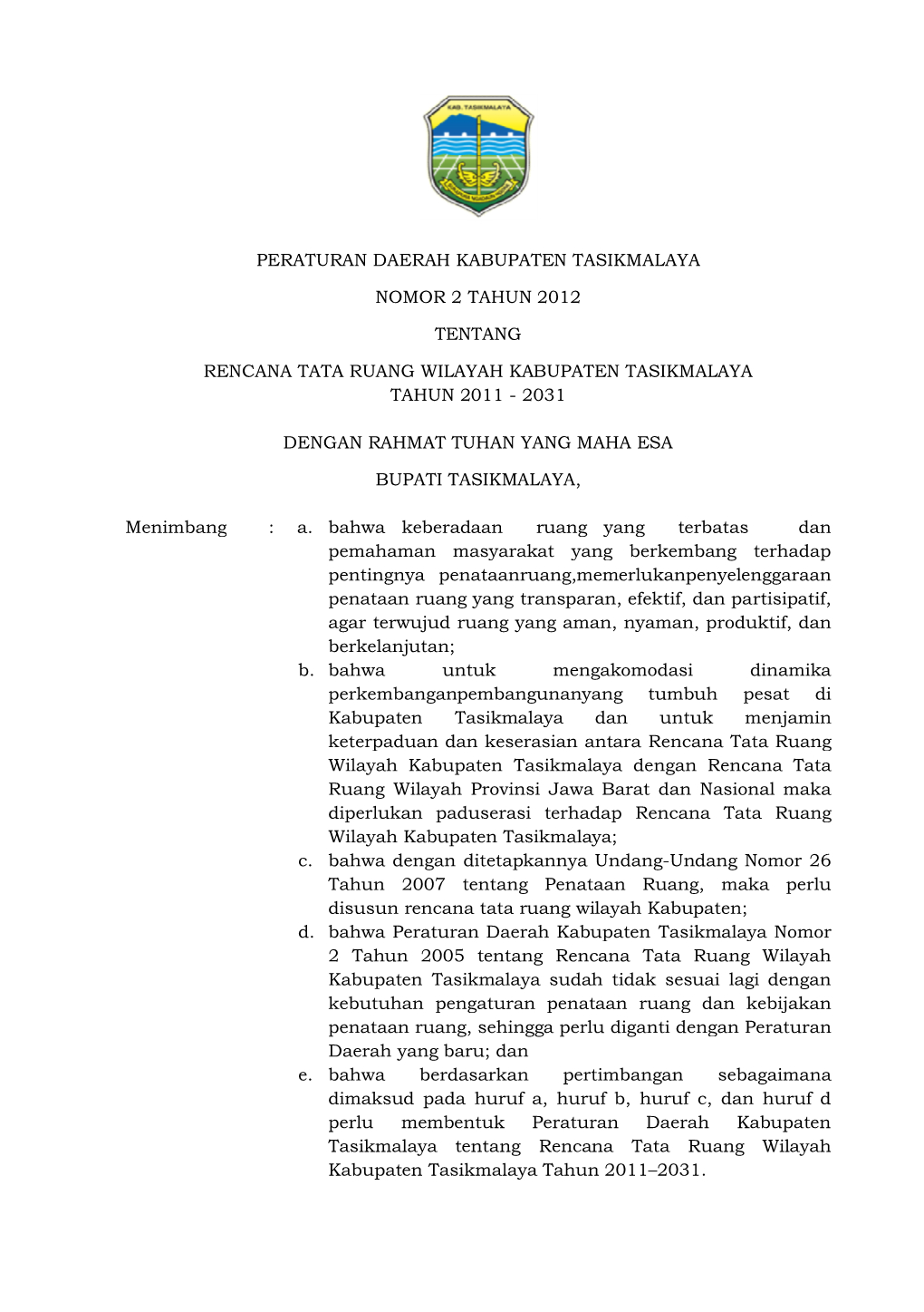 Peraturan Daerah Kabupaten Tasikmalaya Nomor 2 Tahun