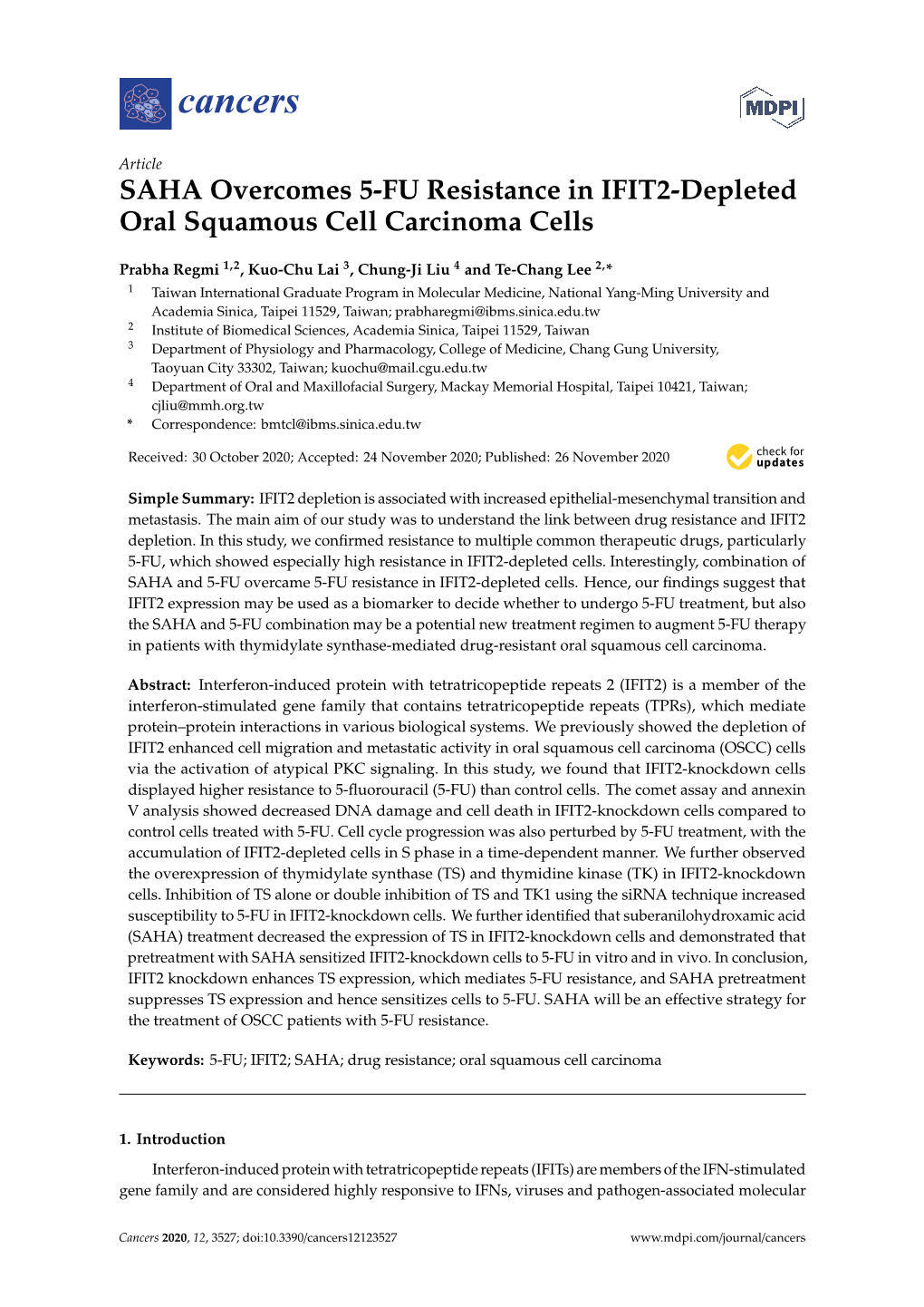 SAHA Overcomes 5-FU Resistance in IFIT2-Depleted Oral Squamous Cell Carcinoma Cells