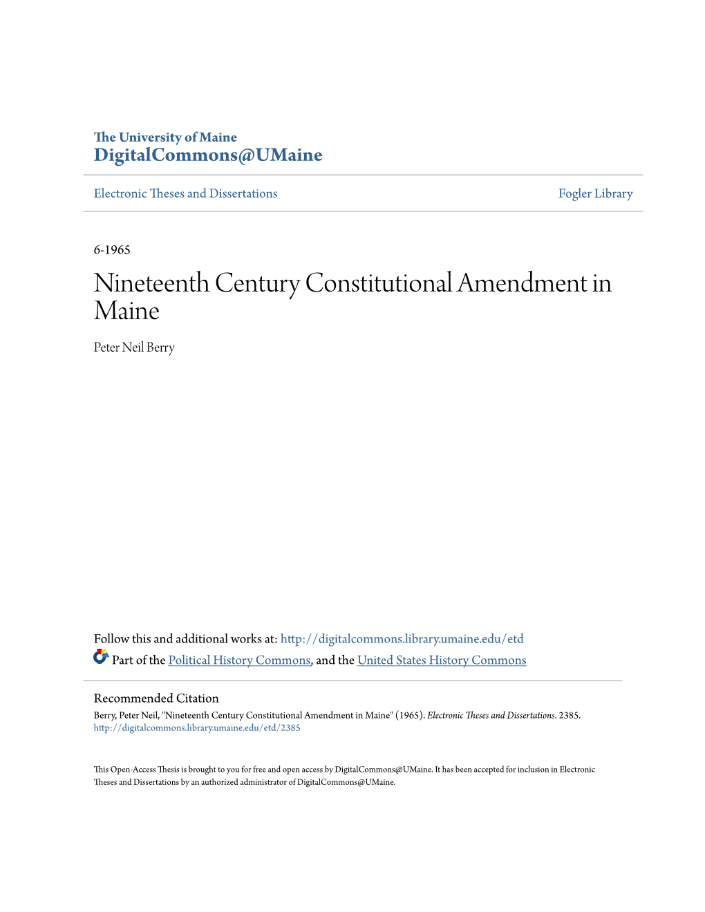 Nineteenth Century Constitutional Amendment in Maine Peter Neil Berry