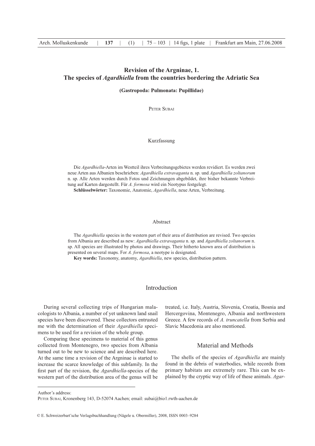 Revision of the Argninae, 1. the Species of Agardhiella from the Countries Bordering the Adriatic Sea