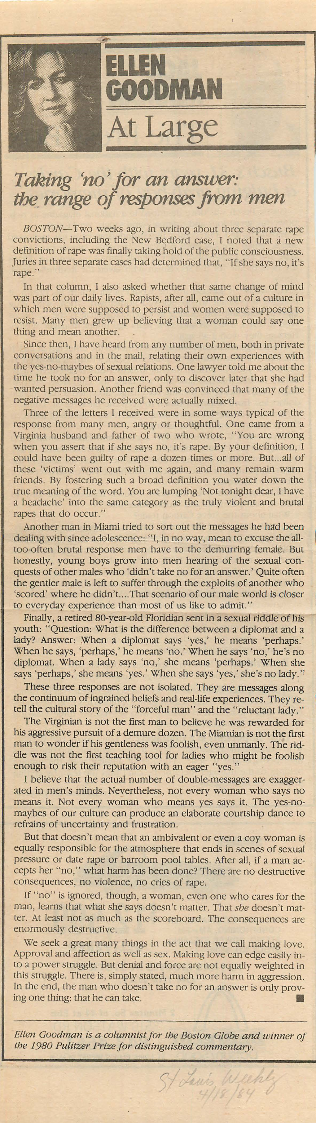 Rape Convictions, Including the New Be~D Ford Case, I Noted That ::I New Definition of Rape Was Fmally Taking Hold of the Public Consciousness