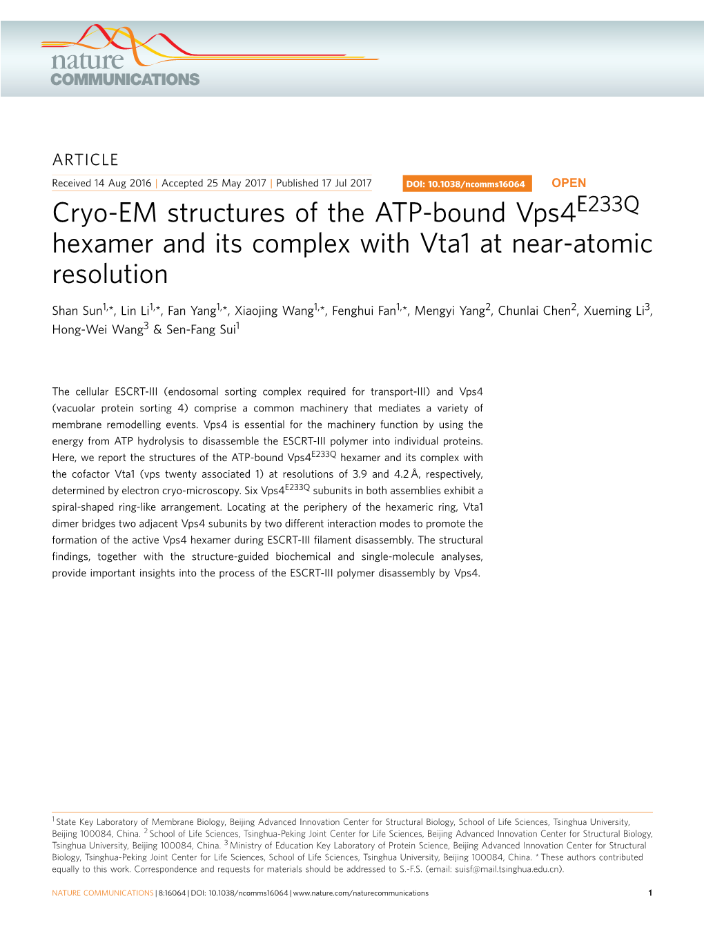 Cryo-EM Structures of the ATP-Bound Vps4e233q Hexamer and Its Complex with Vta1 at Near-Atomic Resolution