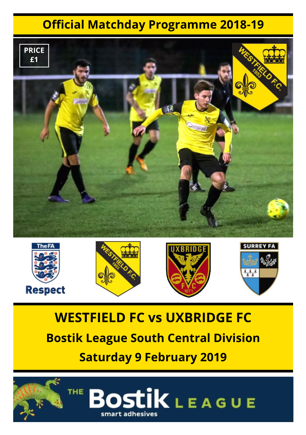 WESTFIELD FC Vs UXBRIDGE FC Bostik League South Central Division Saturday 9 February 2019