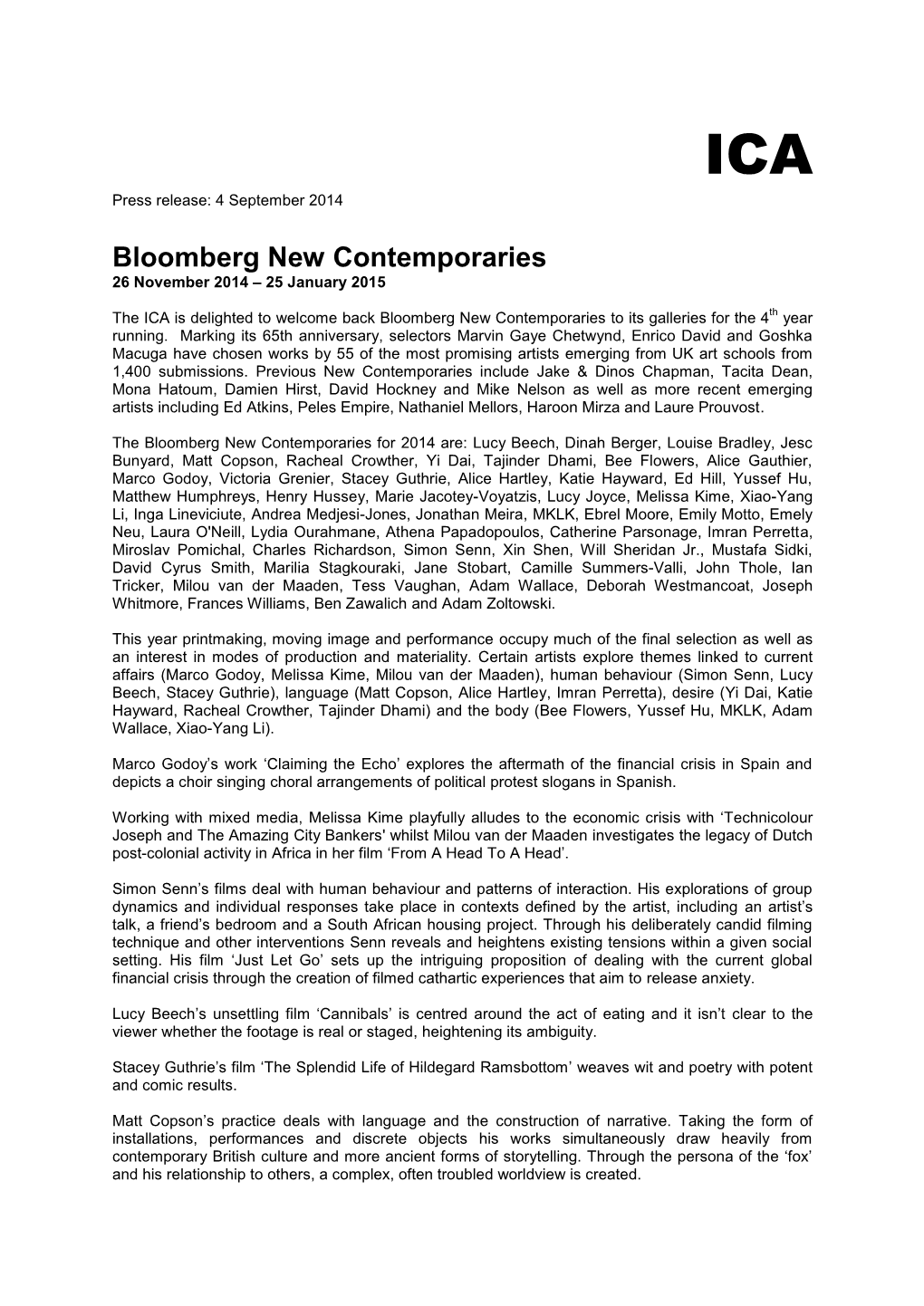 Bloomberg New Contemporaries 26 November 2014 – 25 January 2015