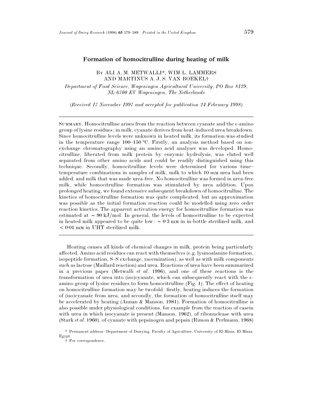 Formation of Homocitrulline During Heating of Milk