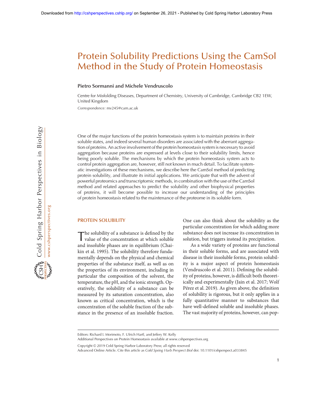Protein Solubility Predictions Using the Camsol Method in the Study of Protein Homeostasis