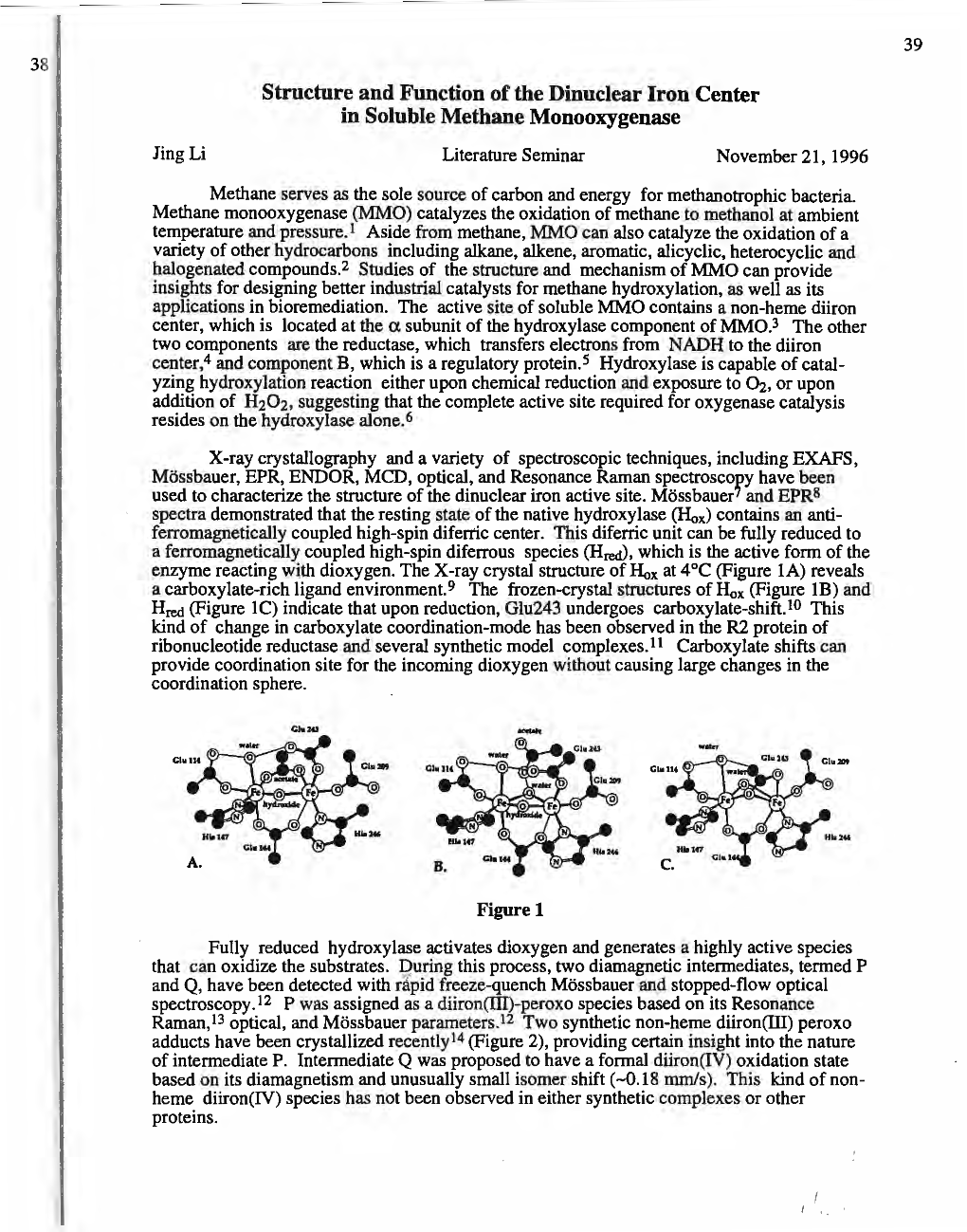 Structure and Function of the Dinuclear Iron Center in Soluble Methane Monooxygenase