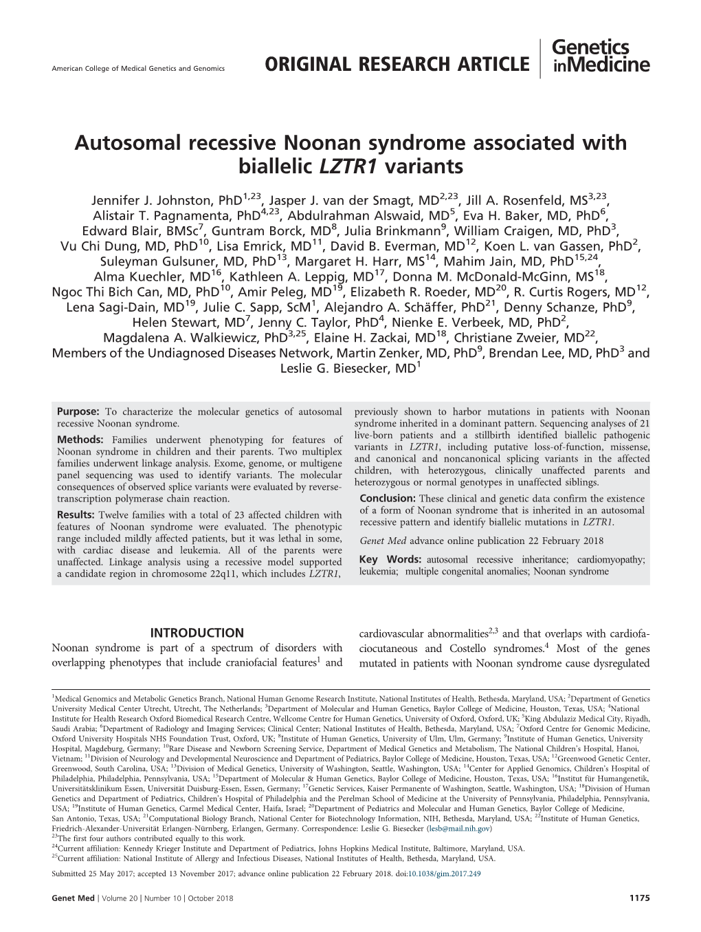 Autosomal Recessive Noonan Syndrome Associated with Biallelic LZTR1 Variants