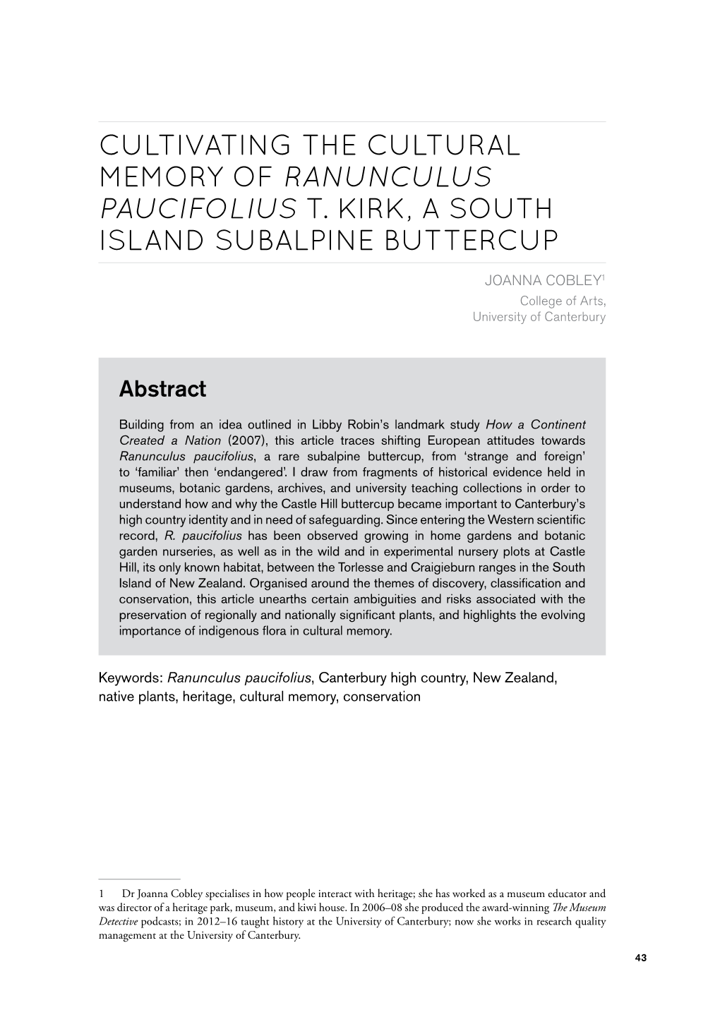 Cultivating the Cultural Memory of Ranunculus Paucifolius T