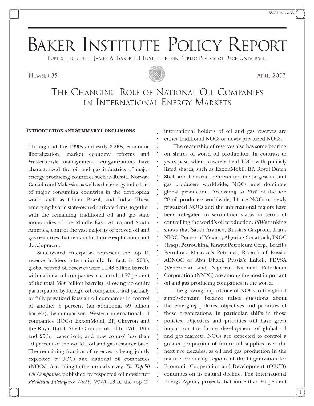 Baker Institute Policy Report