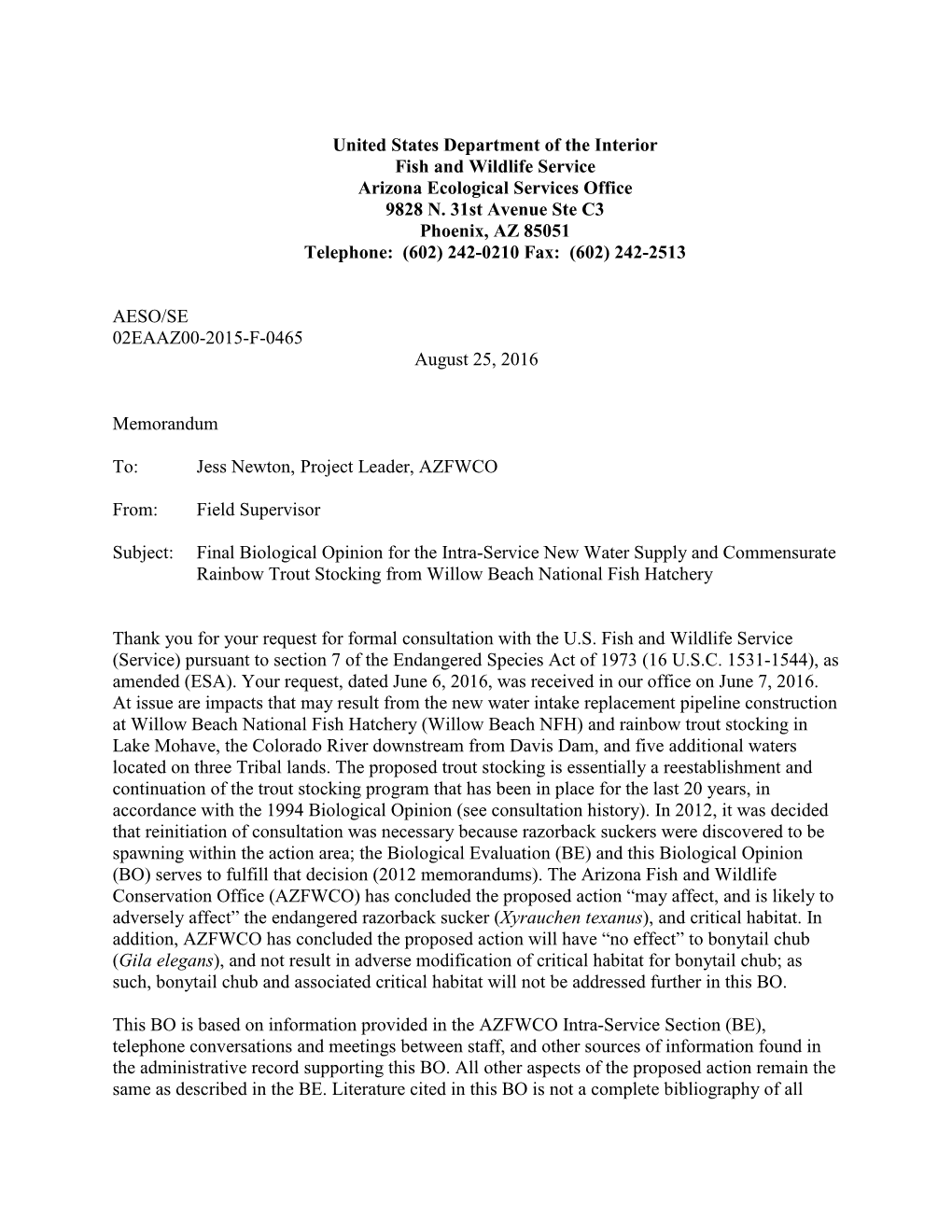 Final Biological Opinion for the Intra-Service New Water Supply and Commensurate Rainbow Trout Stocking from Willow Beach National Fish Hatchery