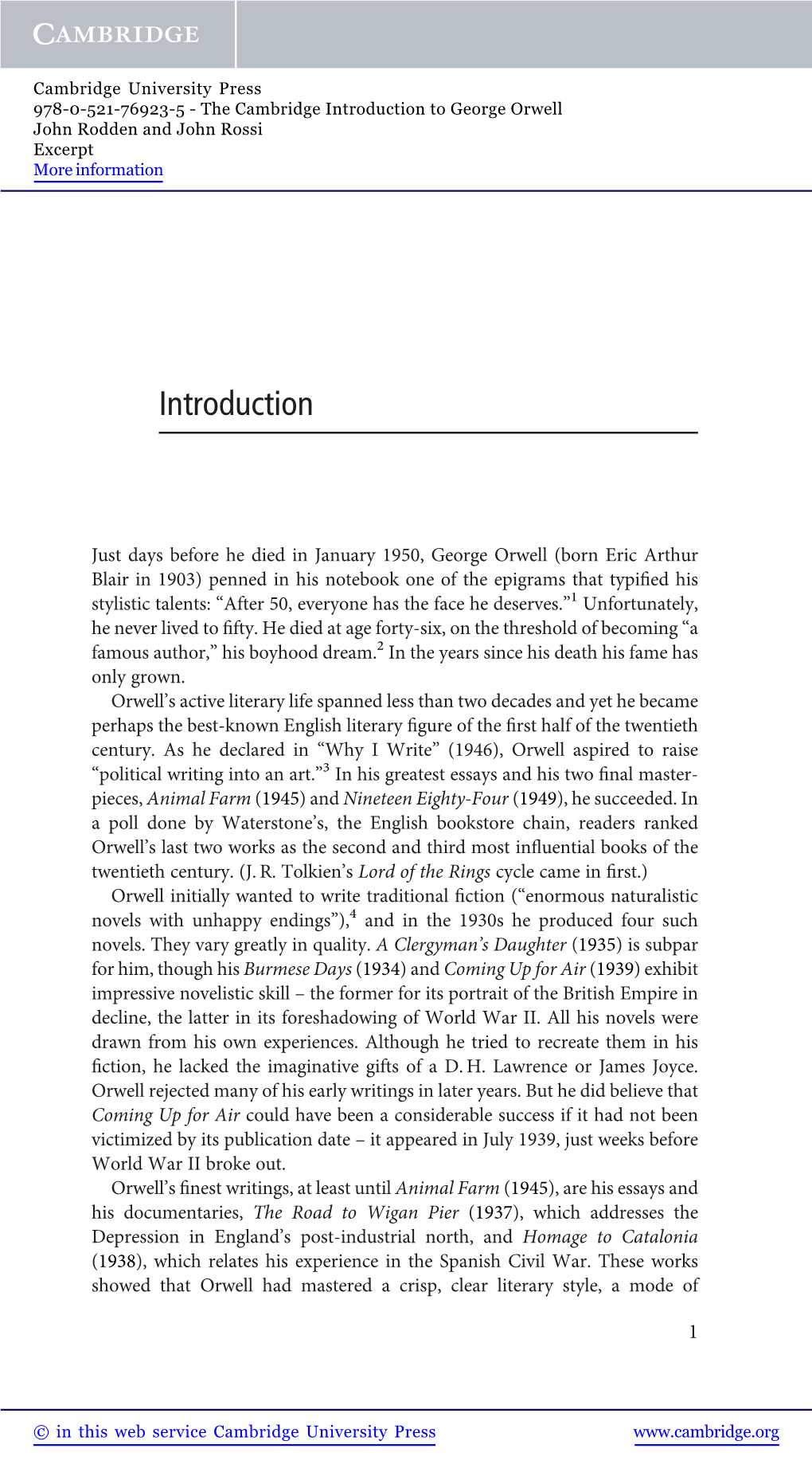 Introduction to George Orwell John Rodden and John Rossi Excerpt More Information