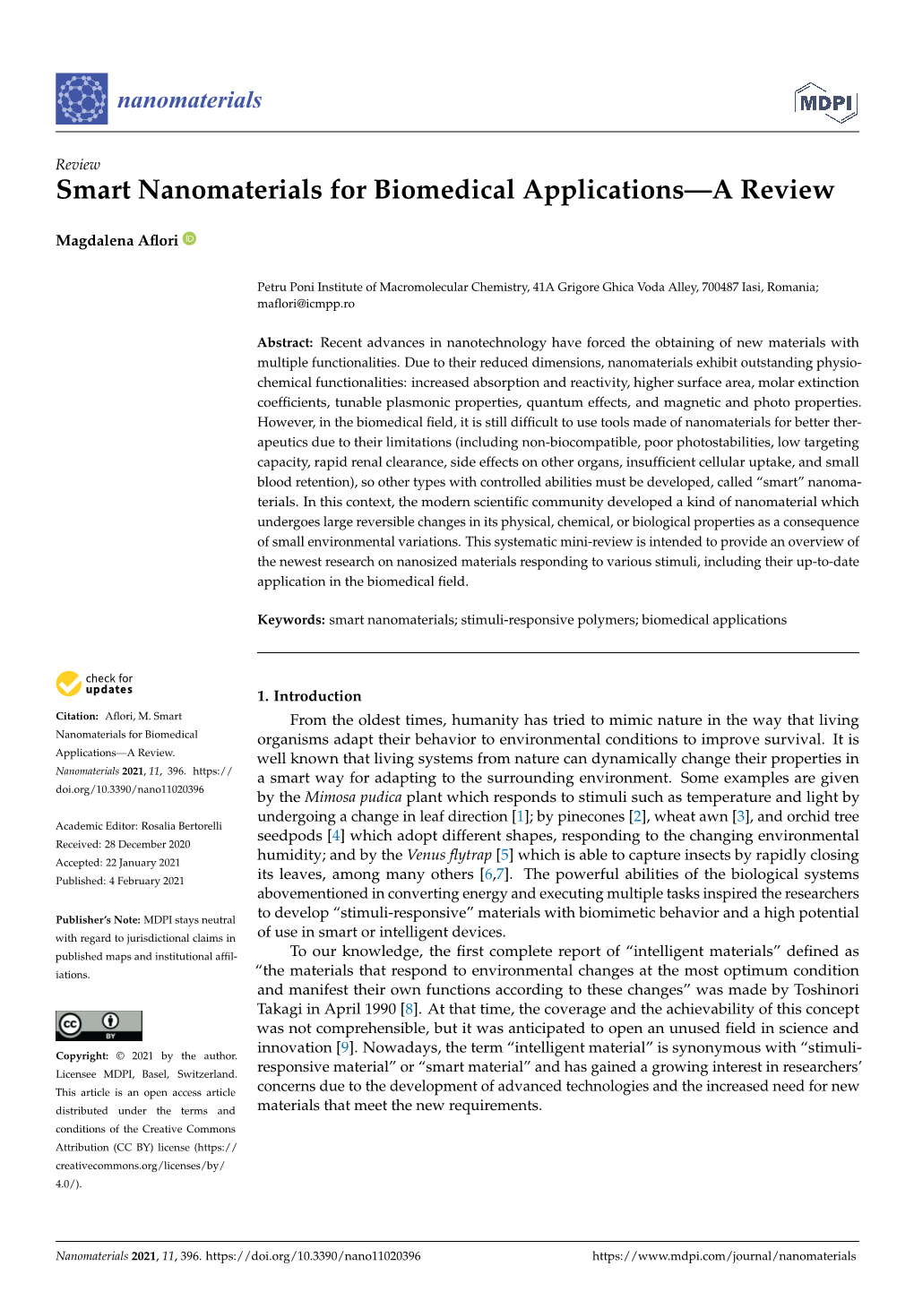 Smart Nanomaterials for Biomedical Applications—A Review