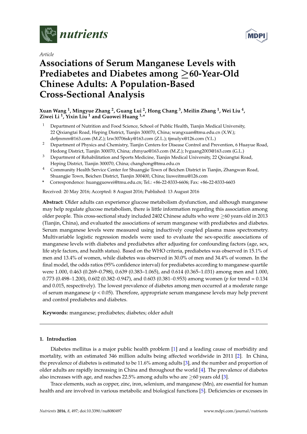 Associations of Serum Manganese Levels with Prediabetes and Diabetes Among ≥60-Year-Old Chinese Adults: a Population-Based Cross-Sectional Analysis