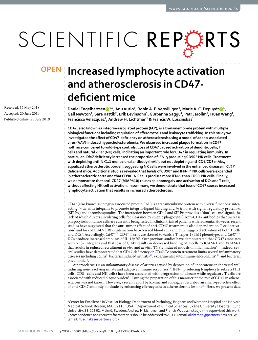 Increased Lymphocyte Activation and Atherosclerosis in CD47-Deficient