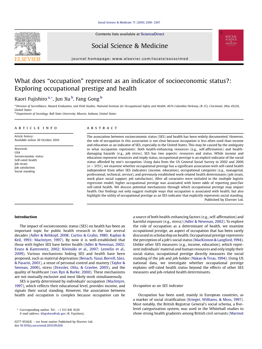 Represent As an Indicator of Socioeconomic Status?: Exploring Occupational Prestige and Health