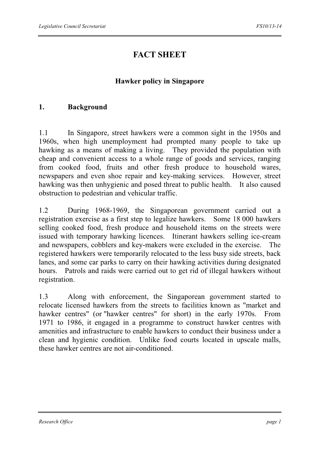 Hawker Policy in Singapore