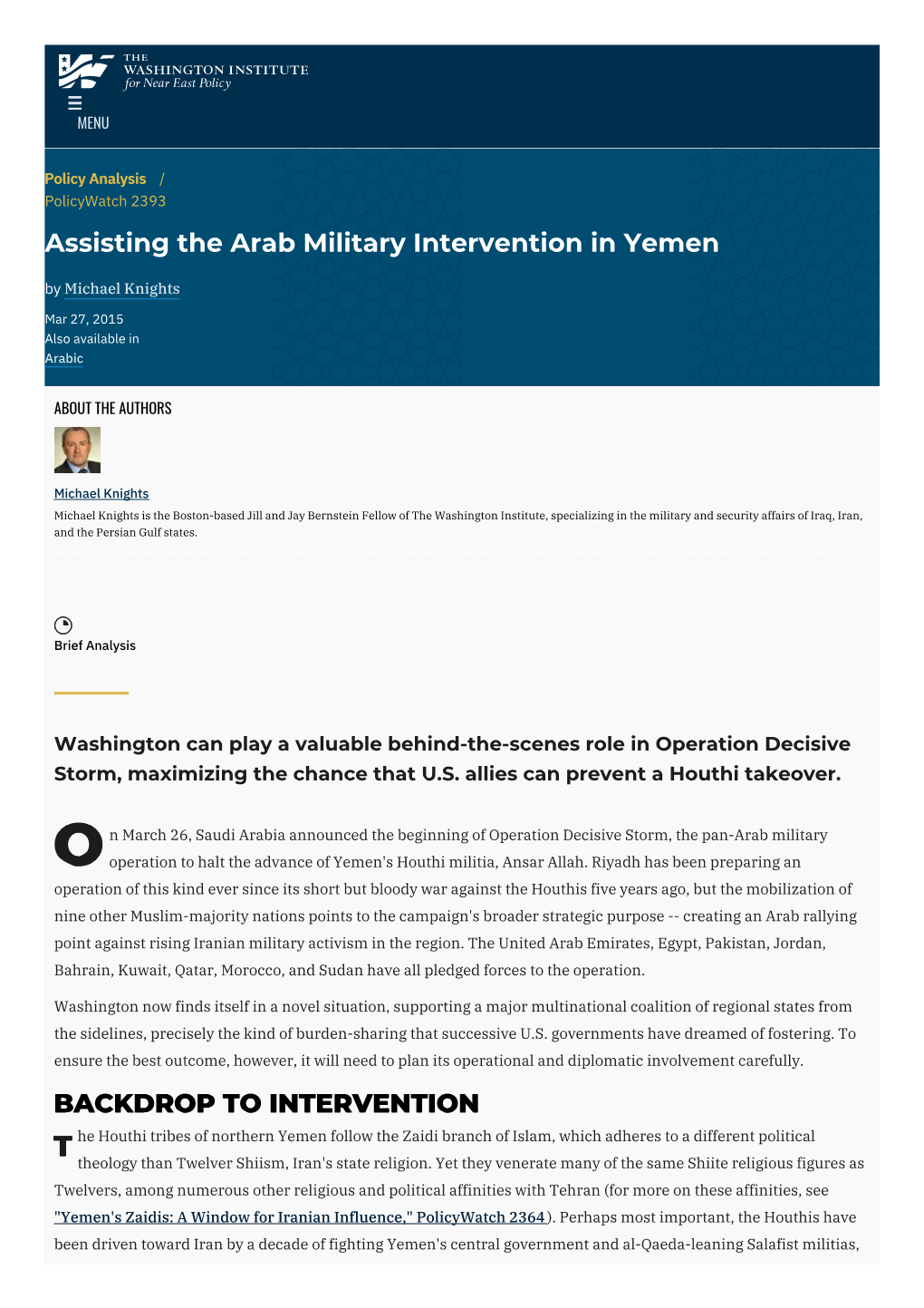 Assisting the Arab Military Intervention in Yemen | the Washington Institute