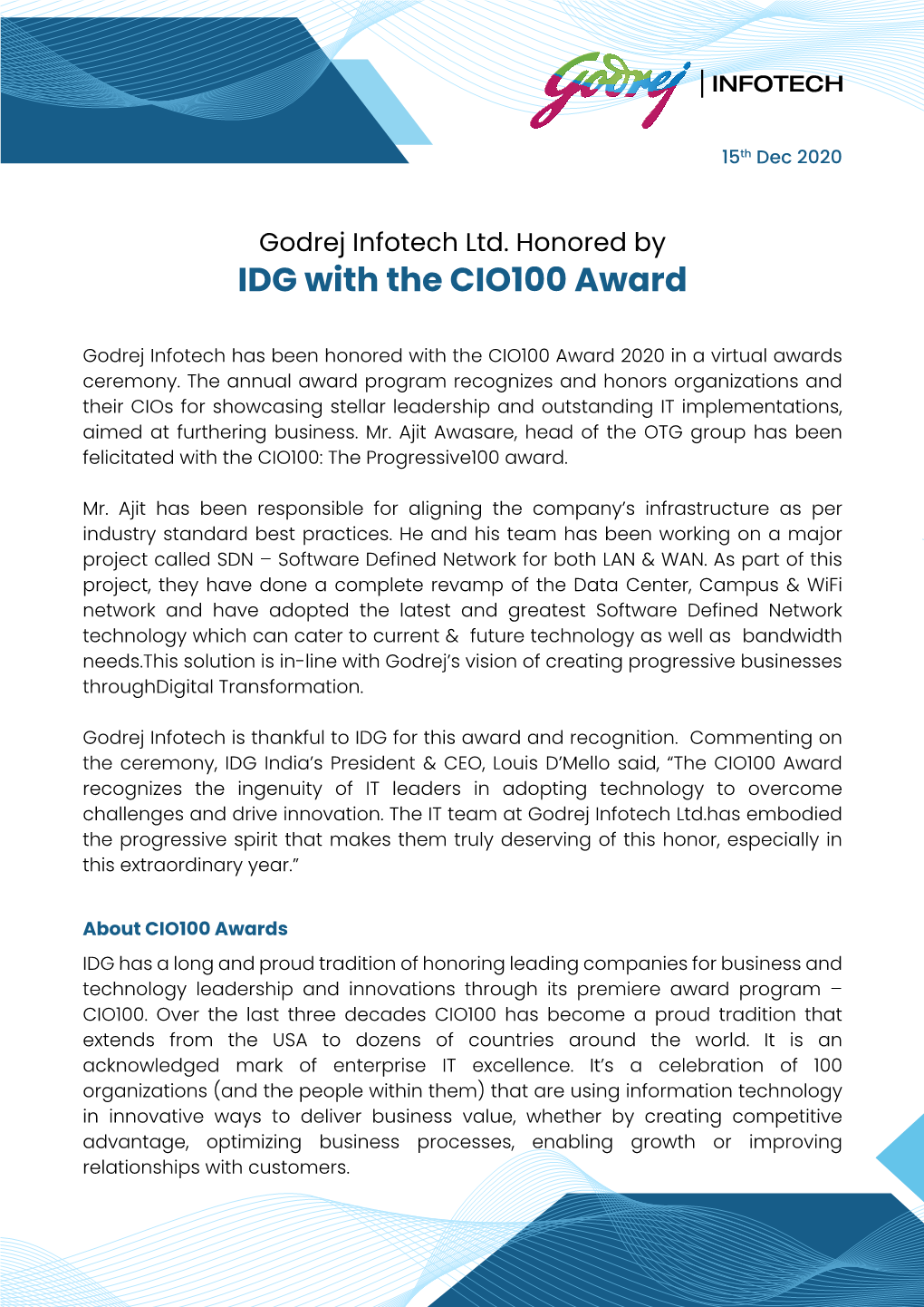 05. Godrej Infotech Honored by IDG with the CIO100 Award Mr. Ajit