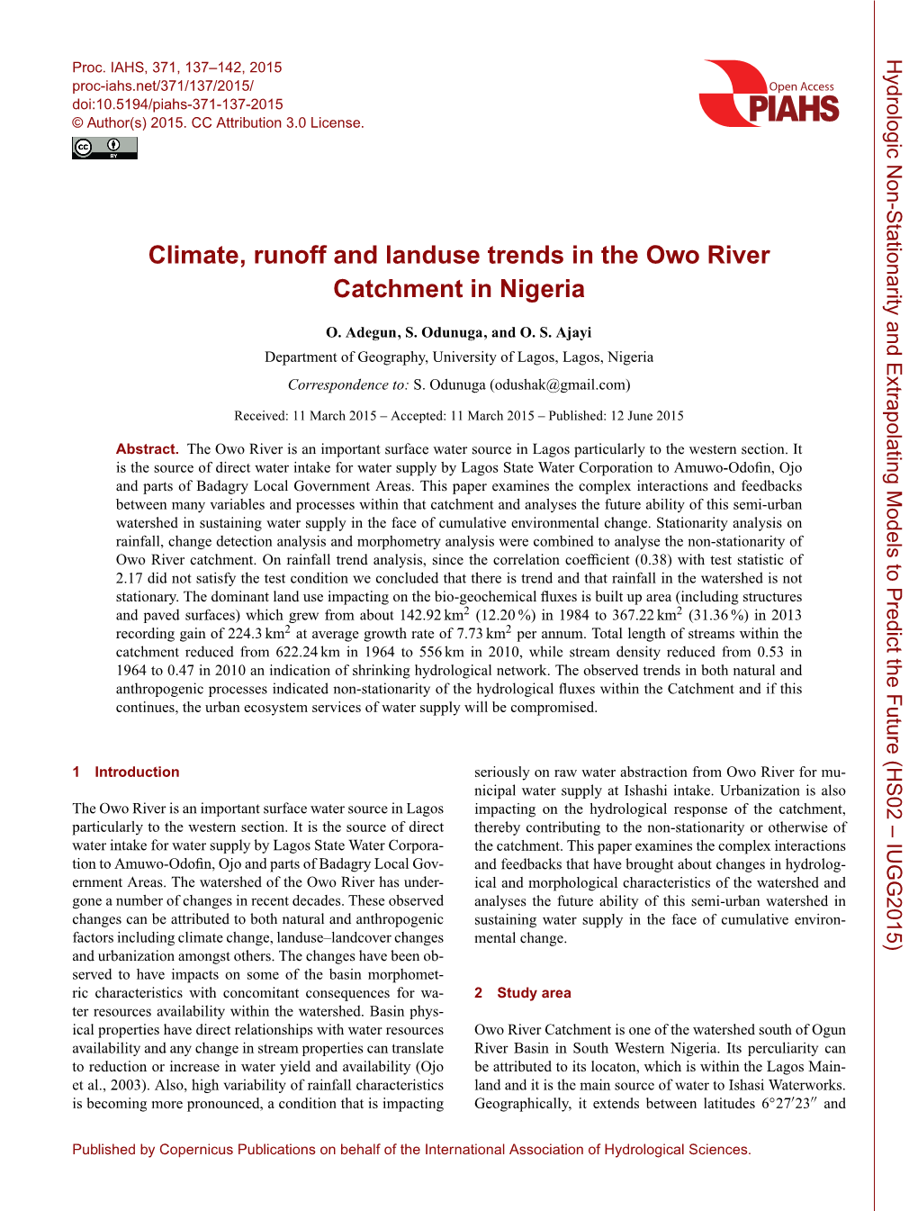 Climate, Runoff and Landuse Trends in the Owo River Catchment in Nigeria